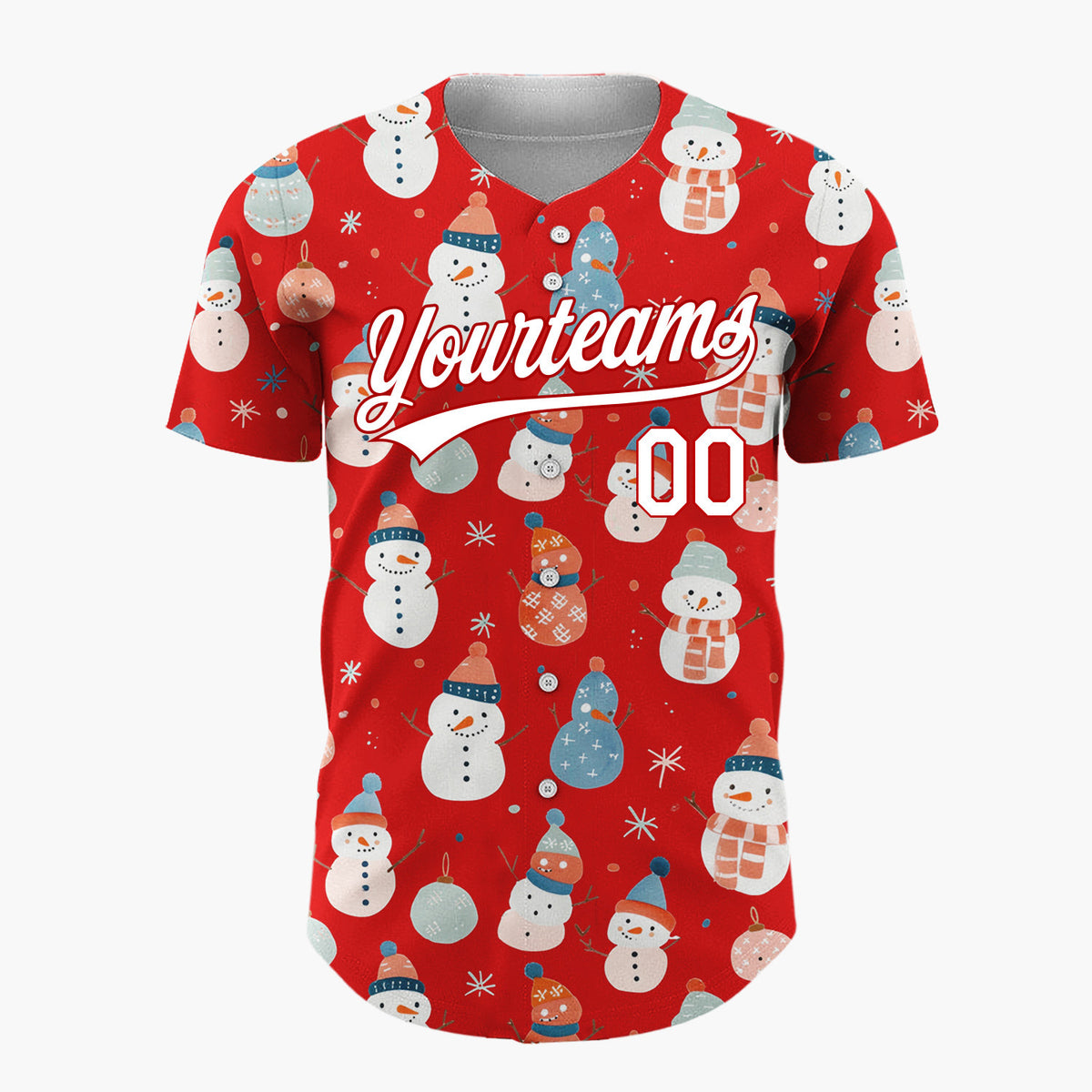 Custom Red Pastel Snowmen And Ornaments Cute Festive Pattern Christmas Baseball Jersey