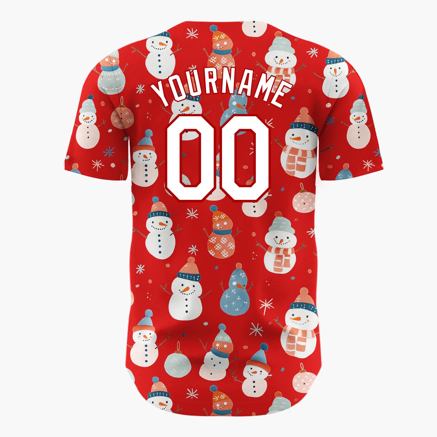 Custom Red Pastel Snowmen And Ornaments Cute Festive Pattern Christmas Baseball Jersey