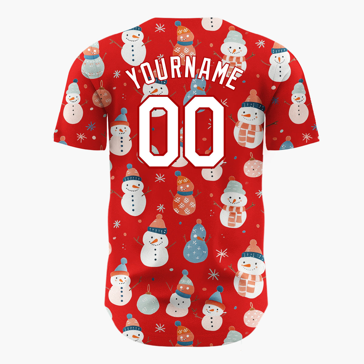 Custom Red Pastel Snowmen And Ornaments Cute Festive Pattern Christmas Baseball Jersey