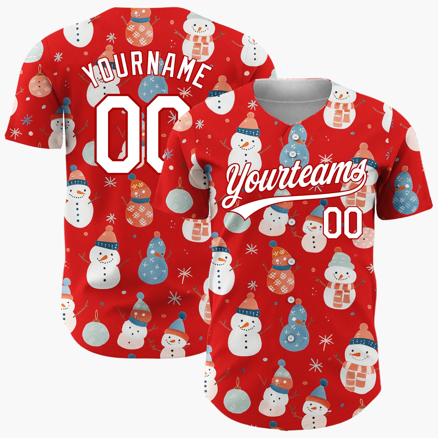 Custom Red Pastel Snowmen And Ornaments Cute Festive Pattern Christmas Baseball Jersey
