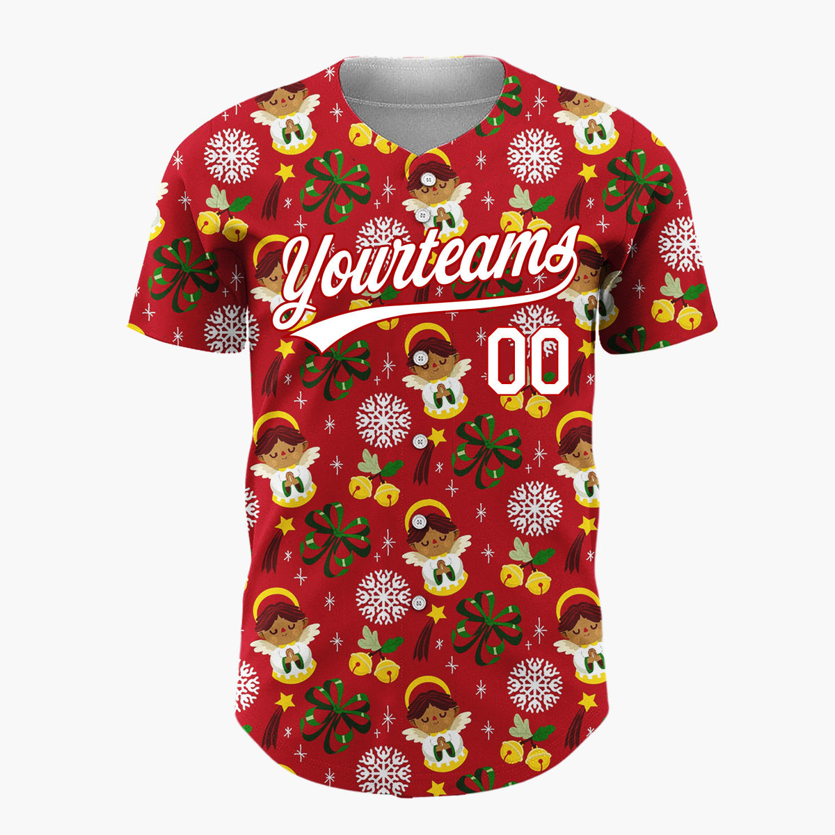 Custom Red White Green Angels And Snowflakes Christmas Baseball Jersey