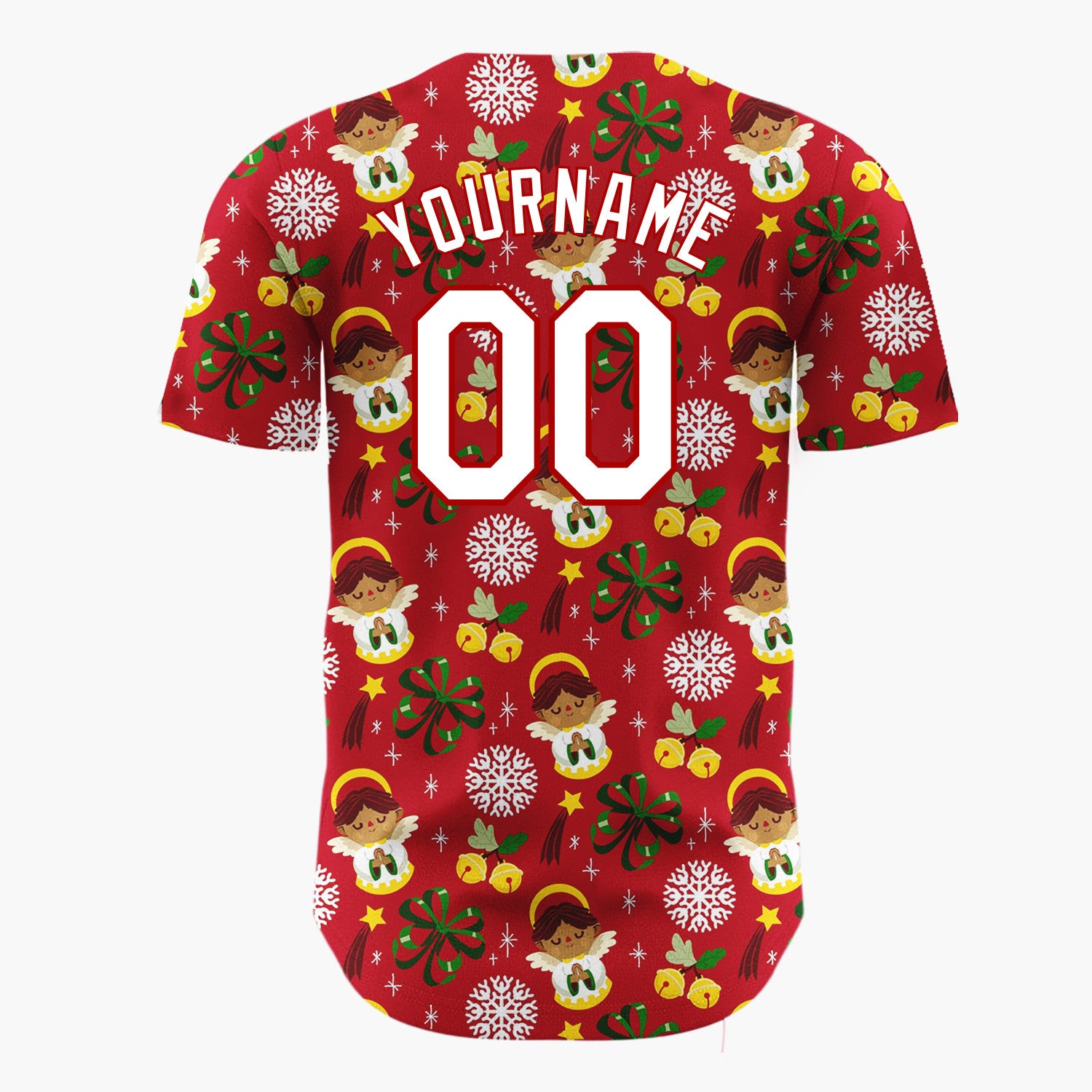 Custom Red White Green Angels And Snowflakes Christmas Baseball Jersey
