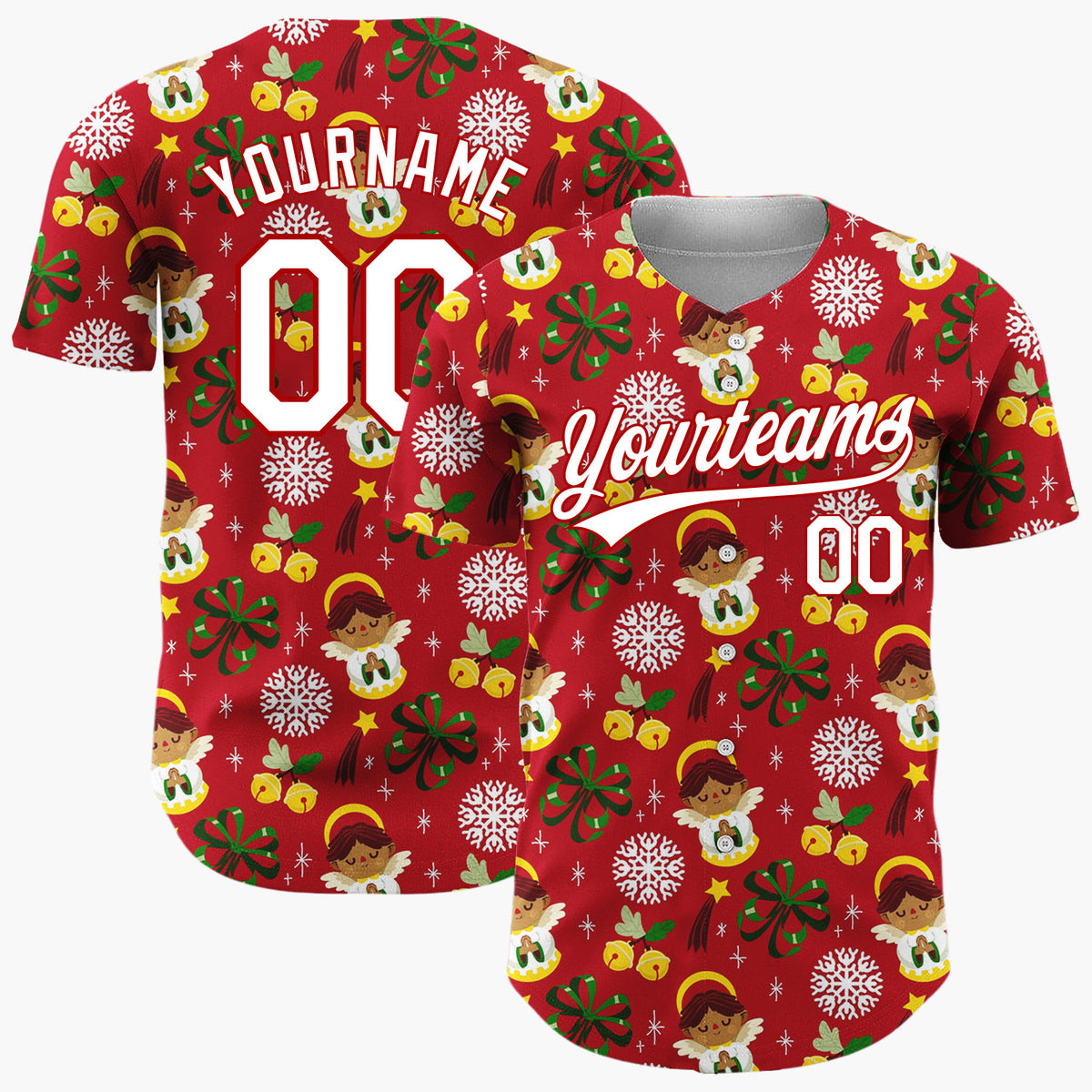 Custom Red White Green Angels And Snowflakes Christmas Baseball Jersey