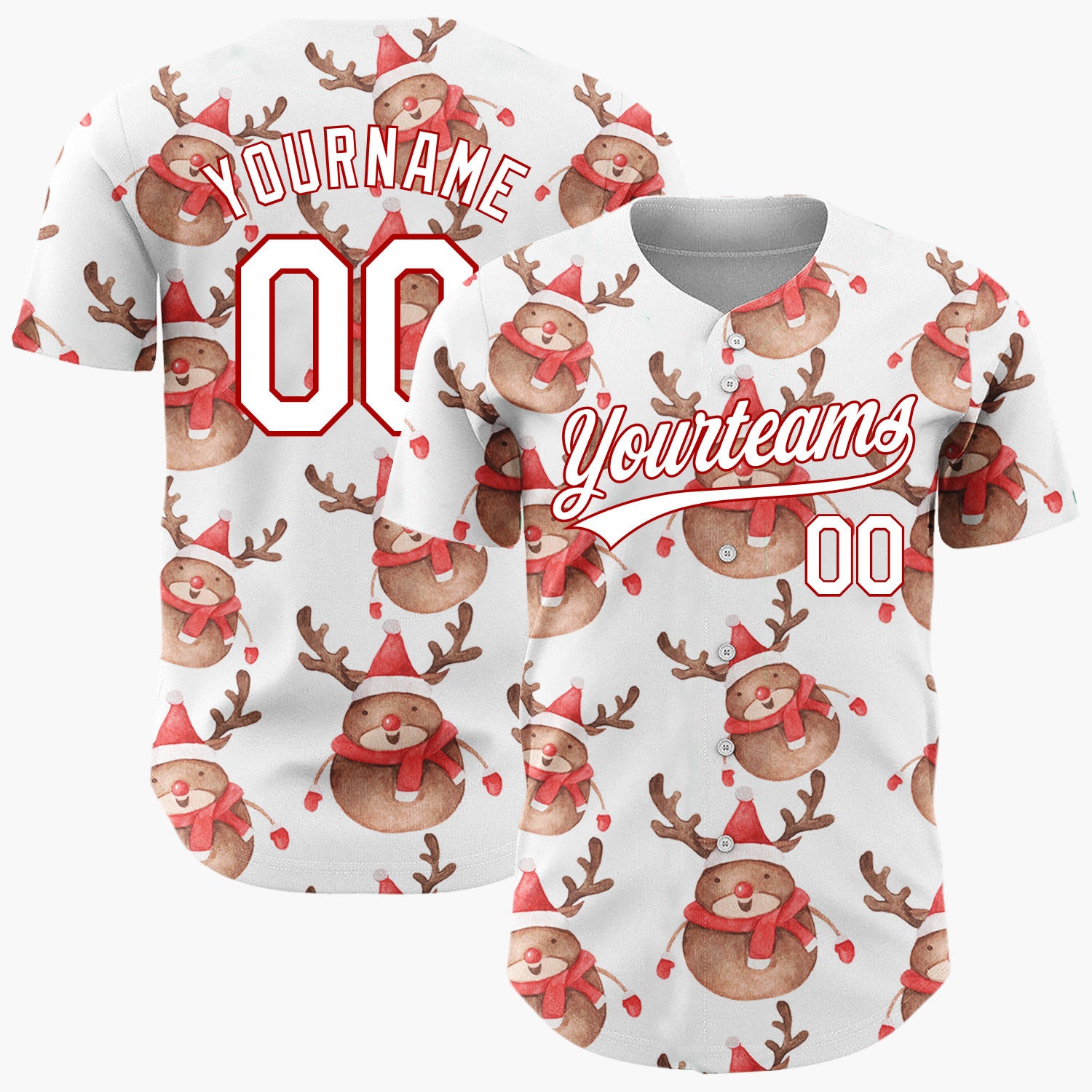 Custom White Cute Reindeer Festive Watercolor Pattern Christmas Baseball Jersey