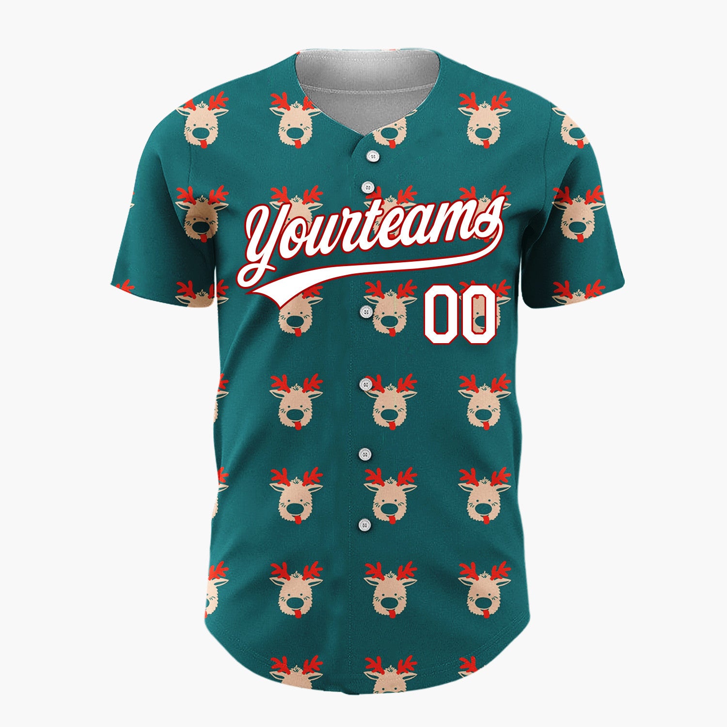 Custom Teal Cute Reindeer Head Repeating Cartoon Pattern Christmas Baseball Jersey