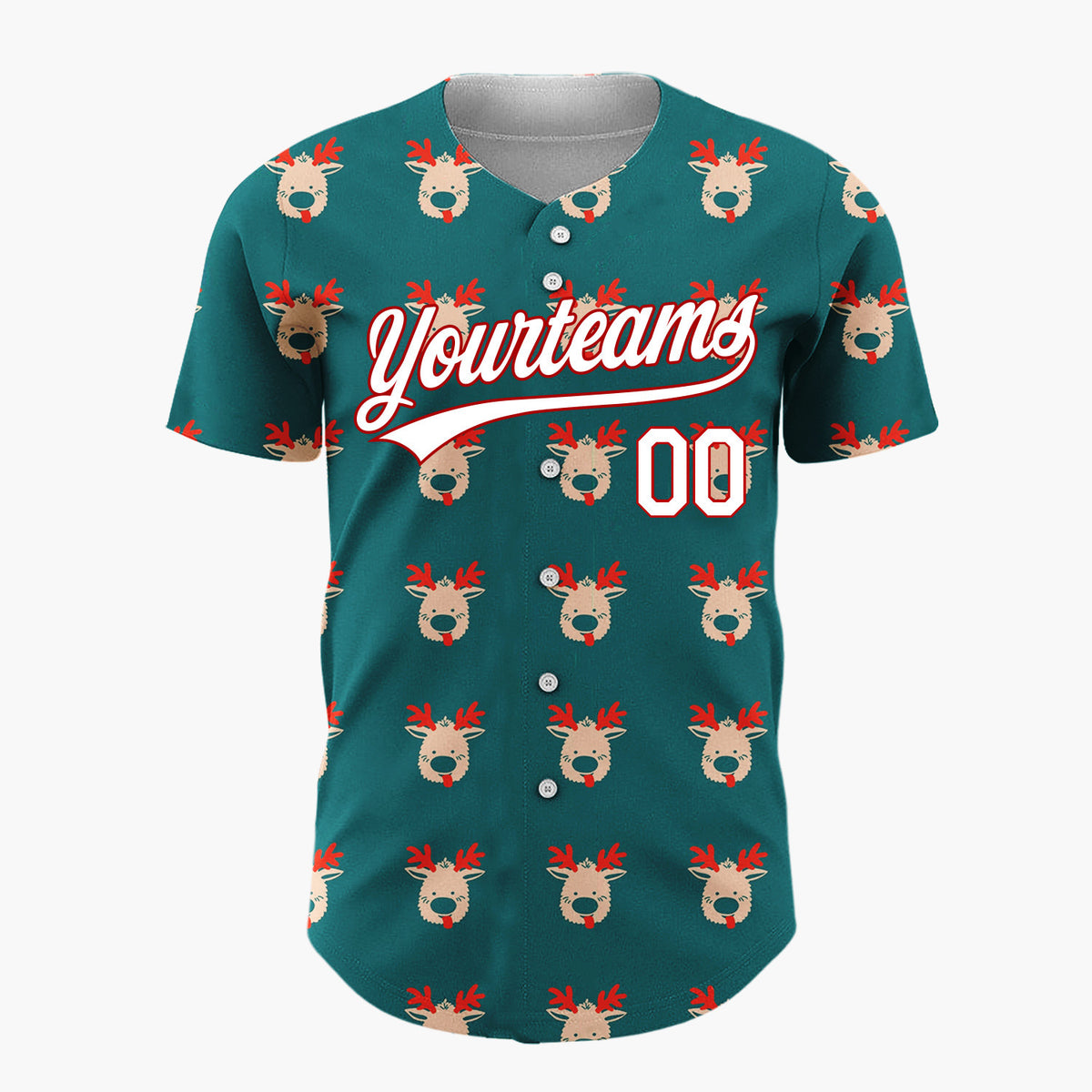 Custom Teal Cute Reindeer Head Repeating Cartoon Pattern Christmas Baseball Jersey
