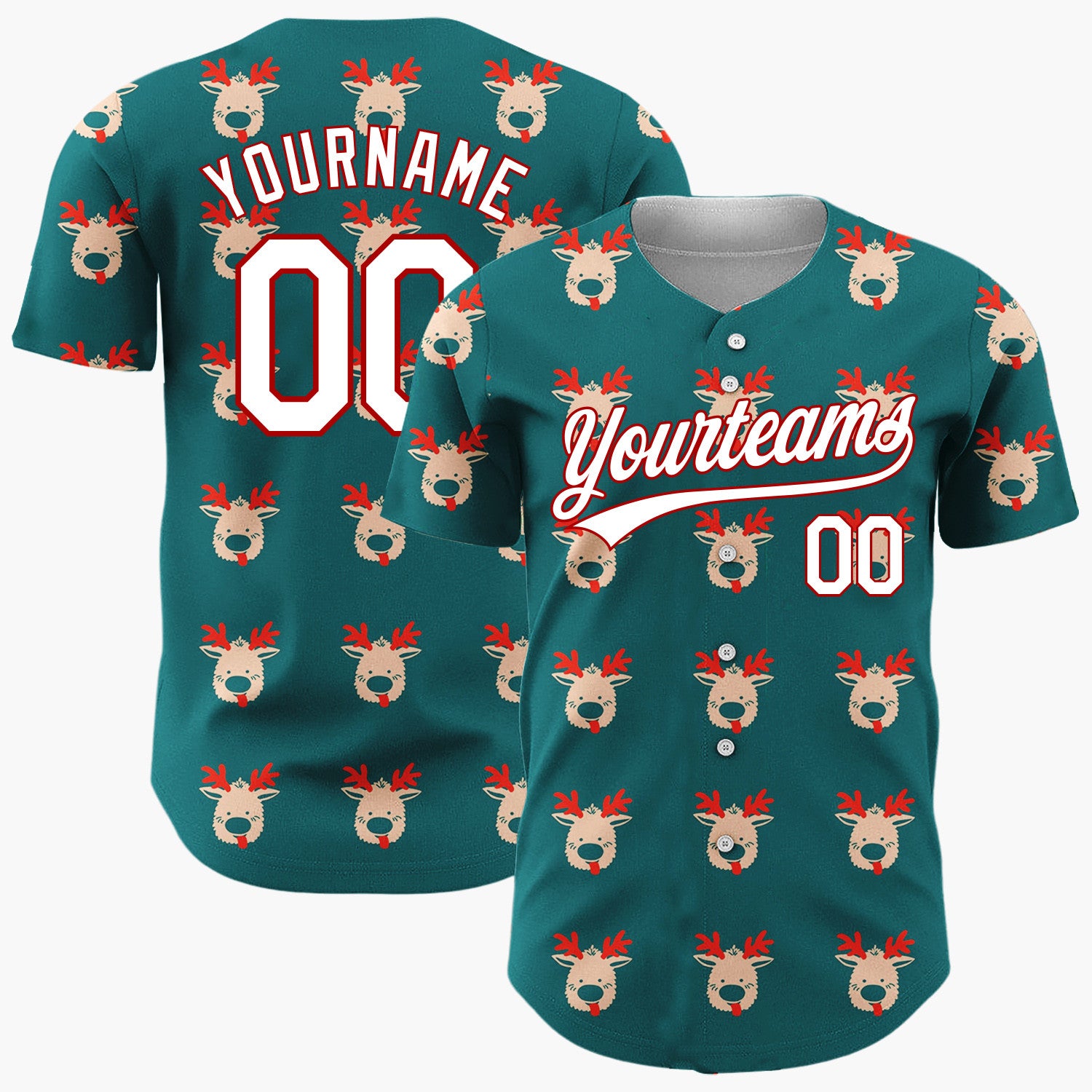 Custom Teal Cute Reindeer Head Repeating Cartoon Pattern Christmas Baseball Jersey