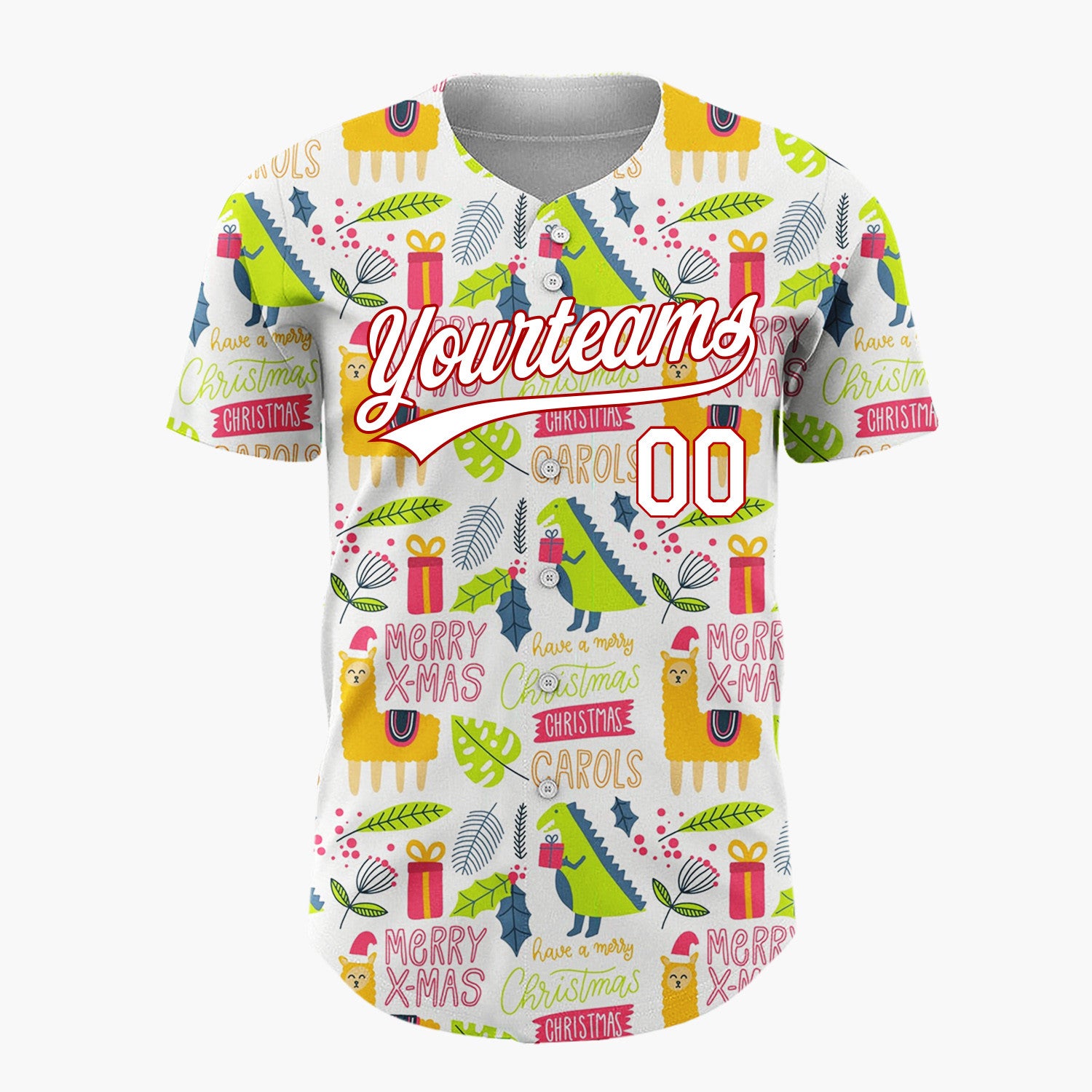 Custom White Orange Green Quirky Llama Dinosaur Christmas Baseball Jersey