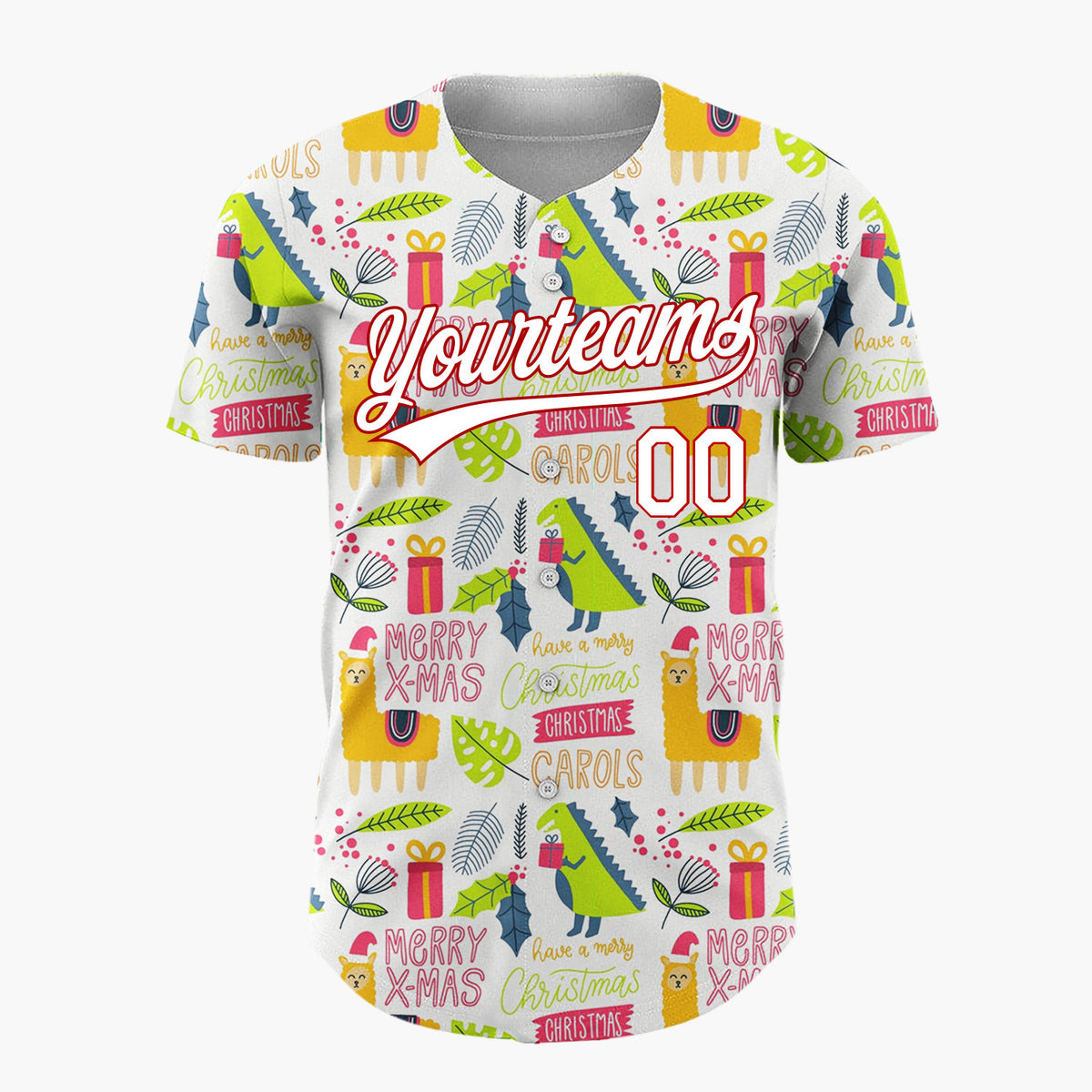Custom White Orange Green Quirky Llama Dinosaur Christmas Baseball Jersey