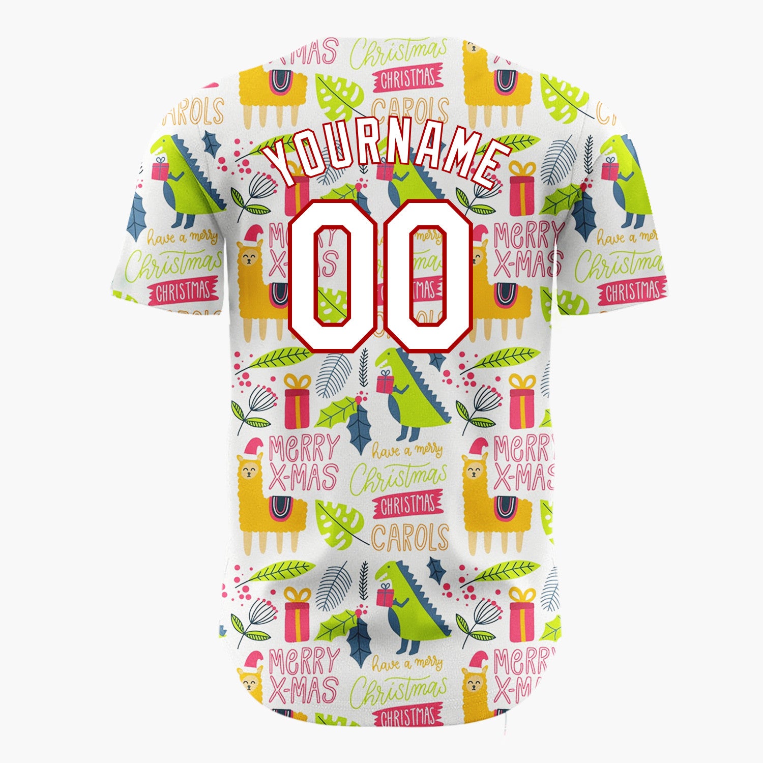 Custom White Orange Green Quirky Llama Dinosaur Christmas Baseball Jersey
