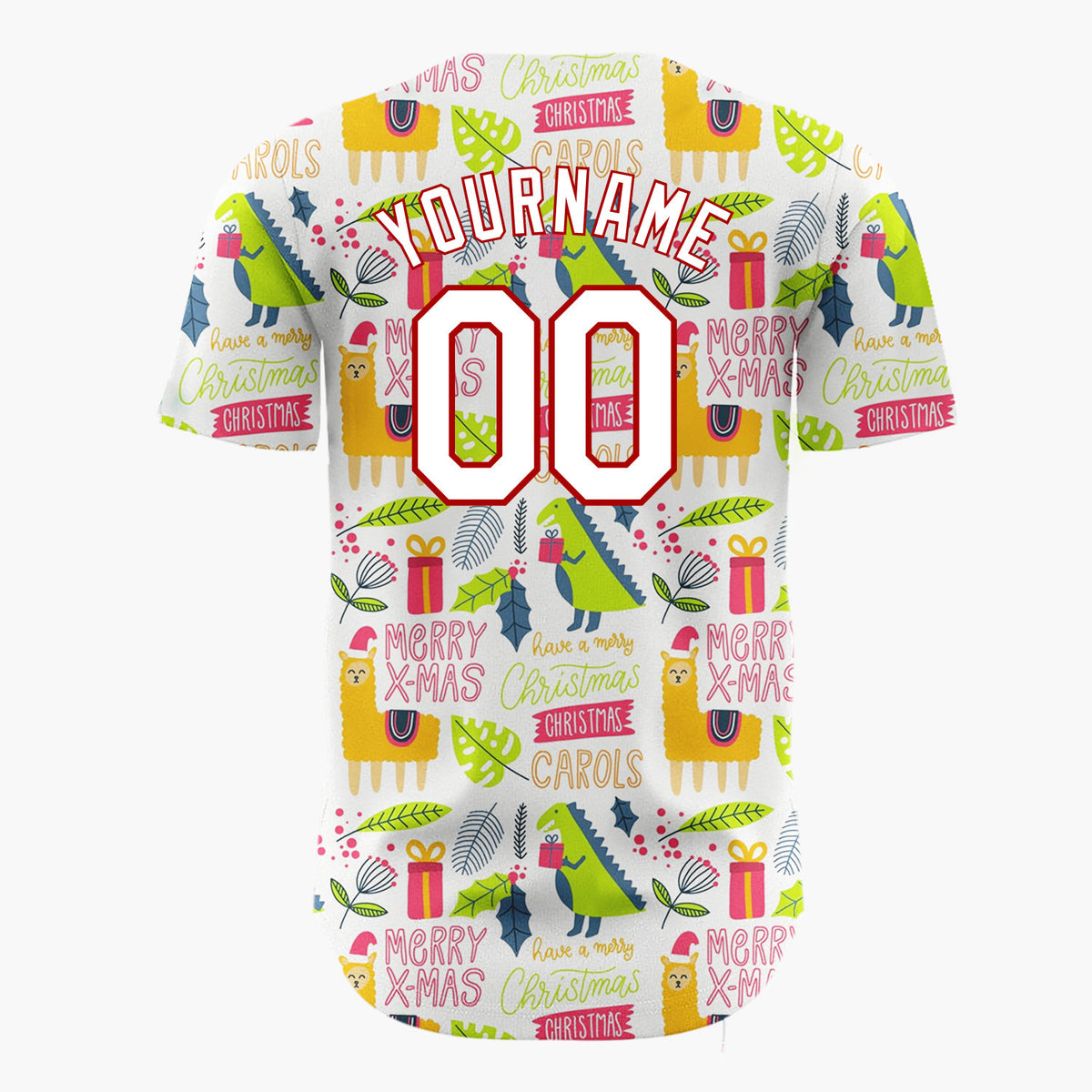 Custom White Orange Green Quirky Llama Dinosaur Christmas Baseball Jersey