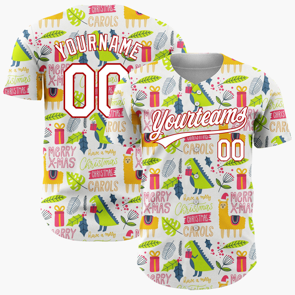 Custom White Orange Green Quirky Llama Dinosaur Christmas Baseball Jersey