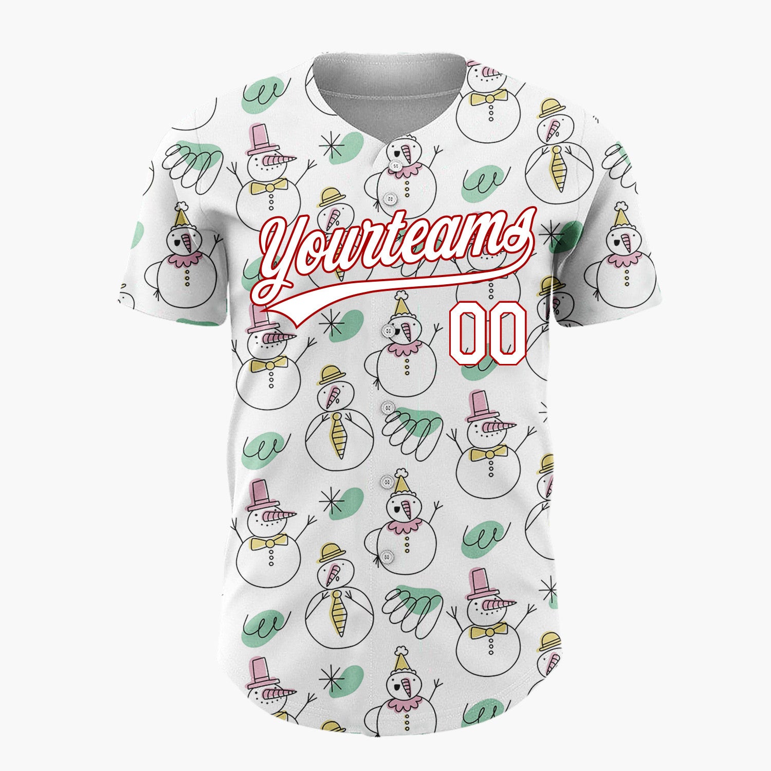 Custom White Green Snowmen Hats And Scribbles Hand Drawn Winter Pattern Christmas Baseball Jersey