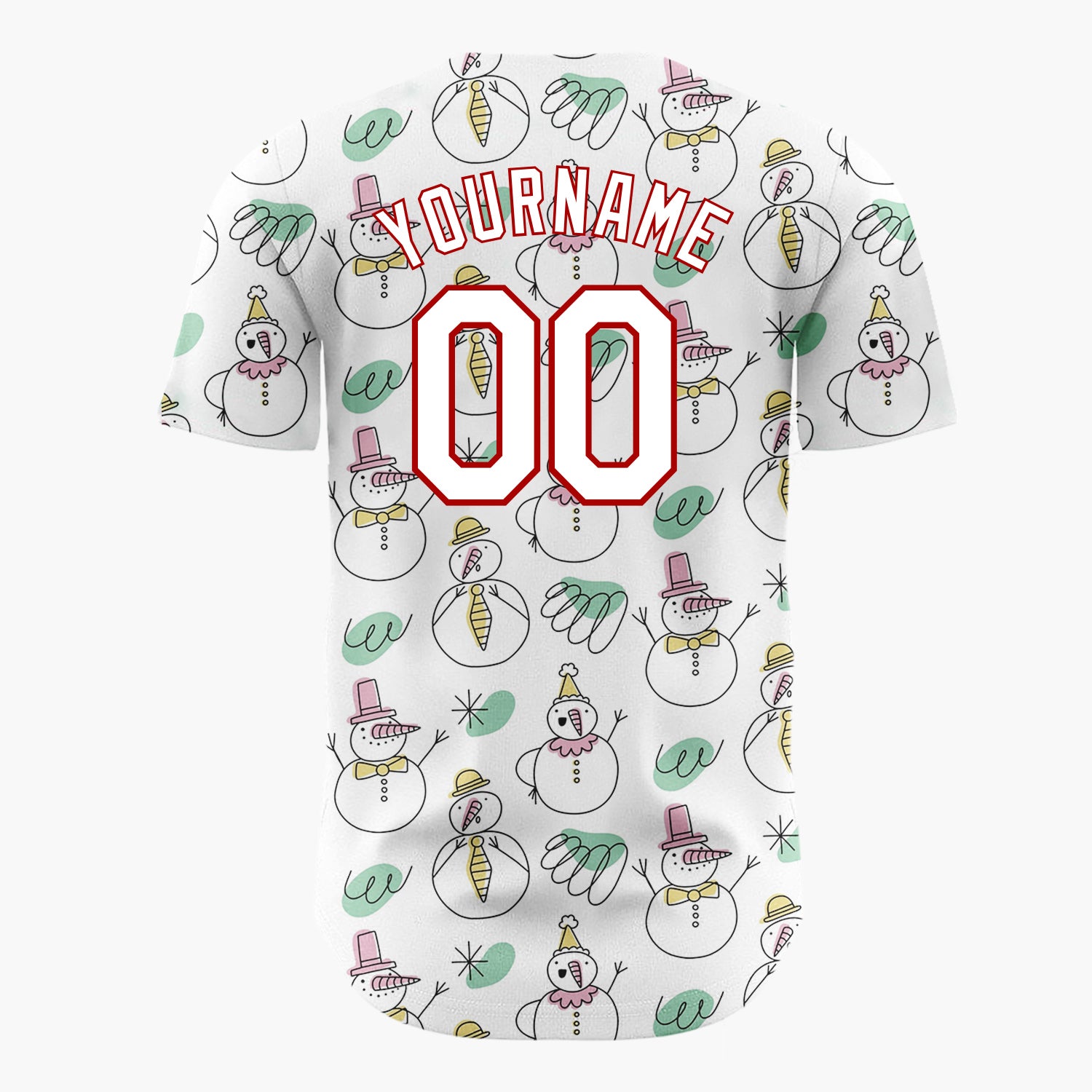 Custom White Green Snowmen Hats And Scribbles Hand Drawn Winter Pattern Christmas Baseball Jersey
