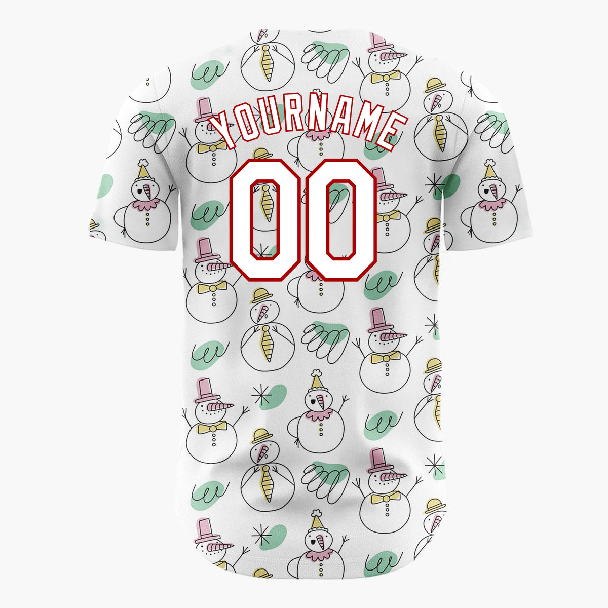Custom White Green Snowmen Hats And Scribbles Hand Drawn Winter Pattern Christmas Baseball Jersey