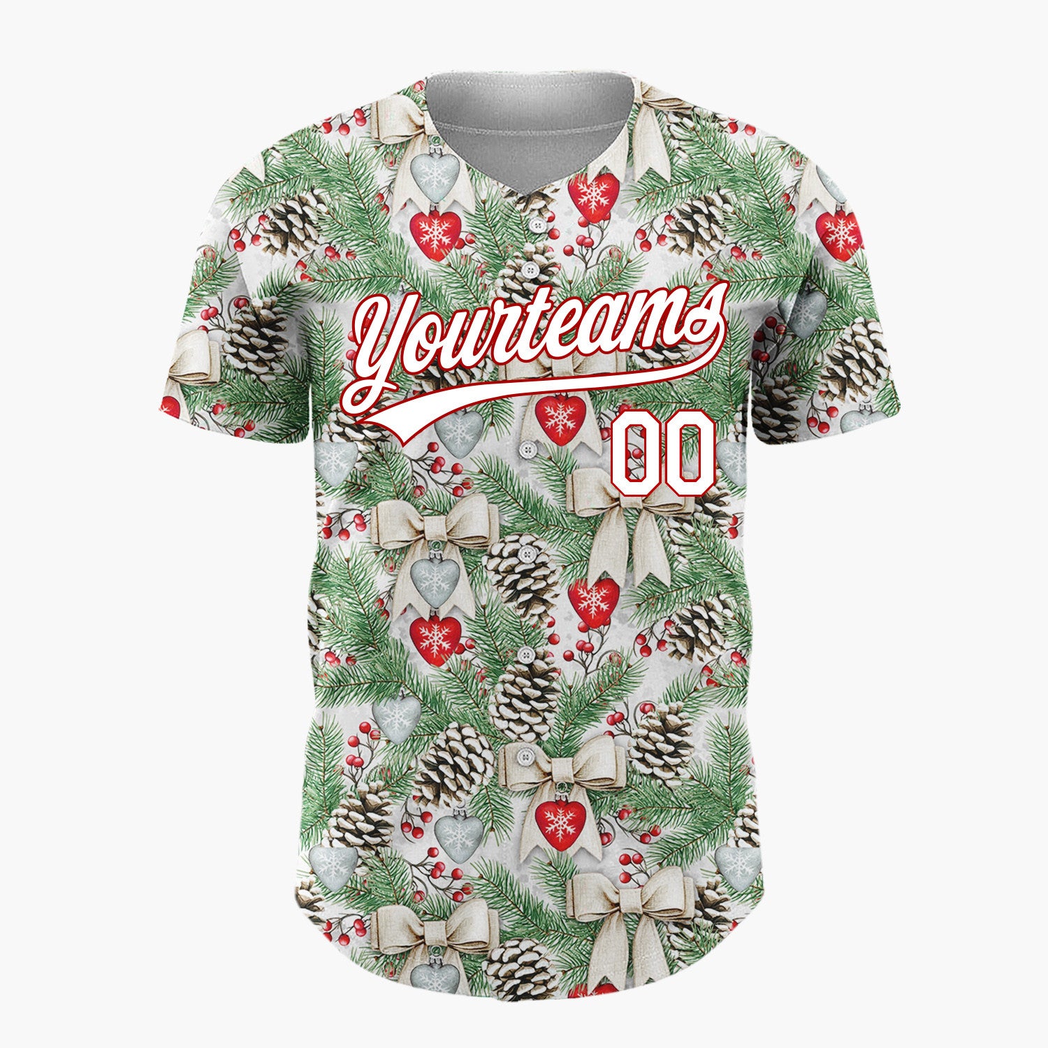 Custom White Pinecones Bows And Hearts Realistic Christmas Baseball Jersey