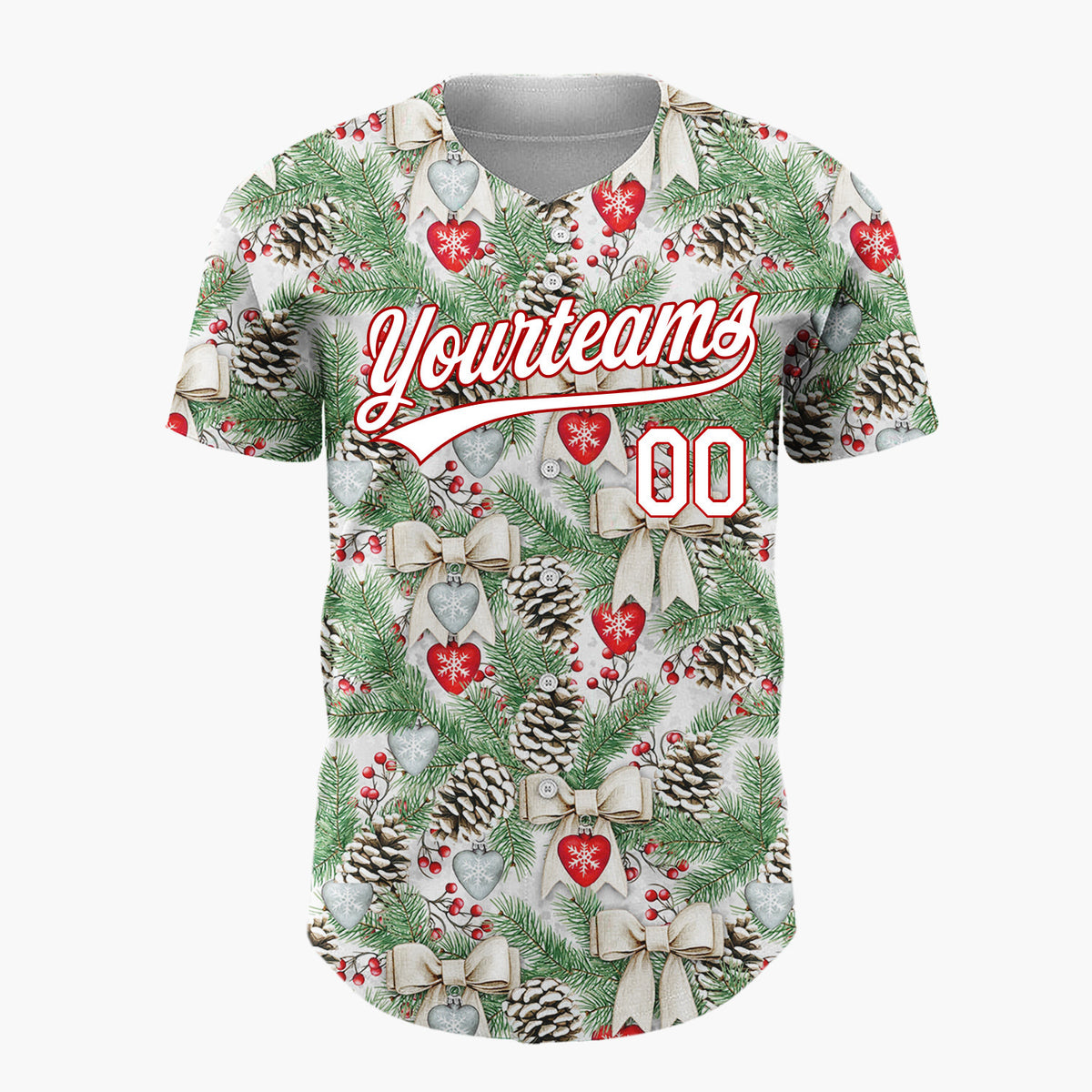 Custom White Pinecones Bows And Hearts Realistic Christmas Baseball Jersey