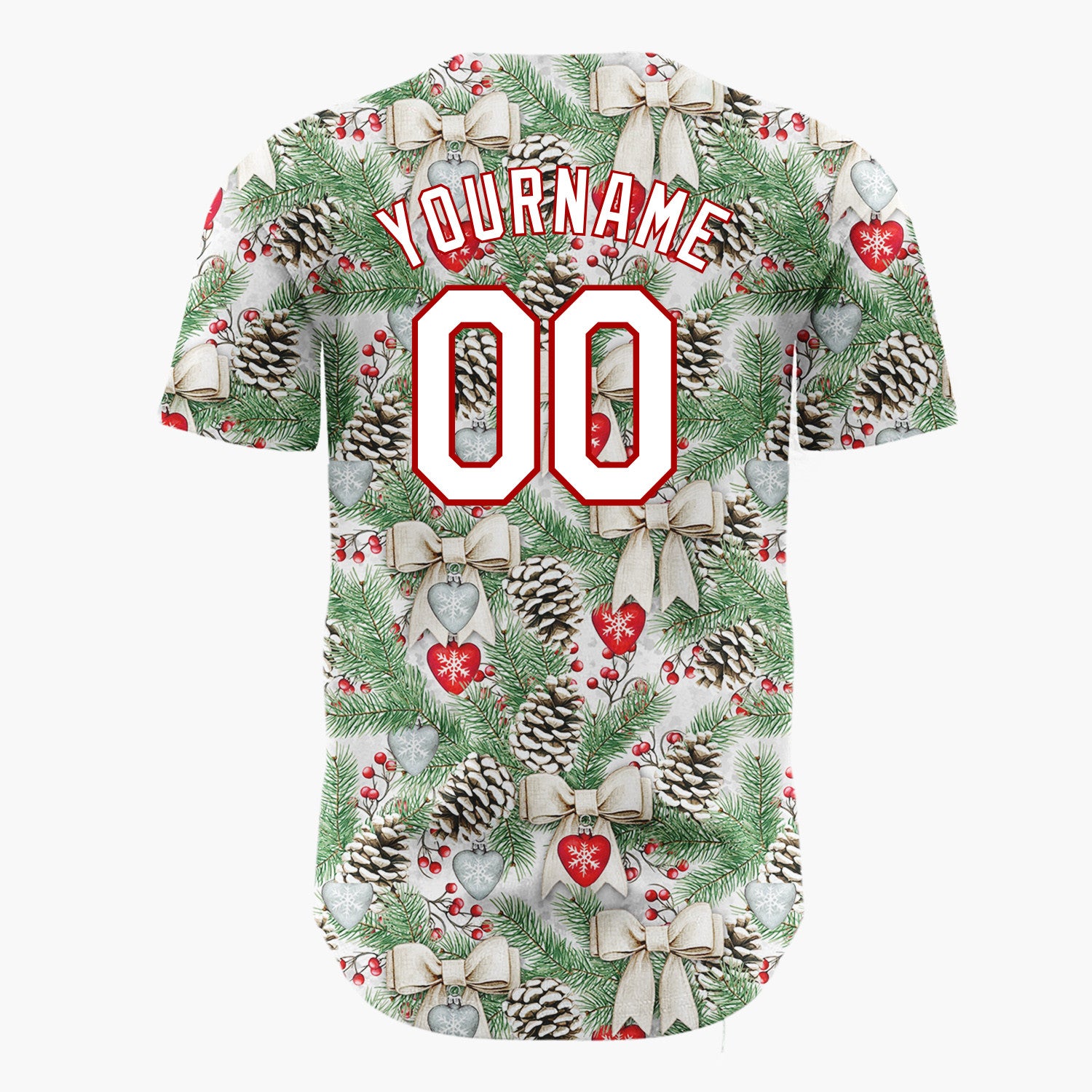Custom White Pinecones Bows And Hearts Realistic Christmas Baseball Jersey