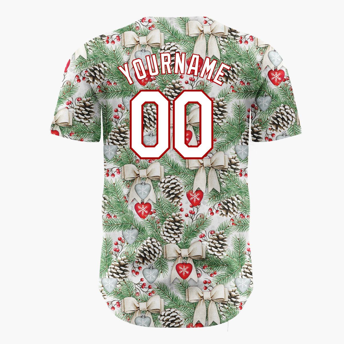 Custom White Pinecones Bows And Hearts Realistic Christmas Baseball Jersey