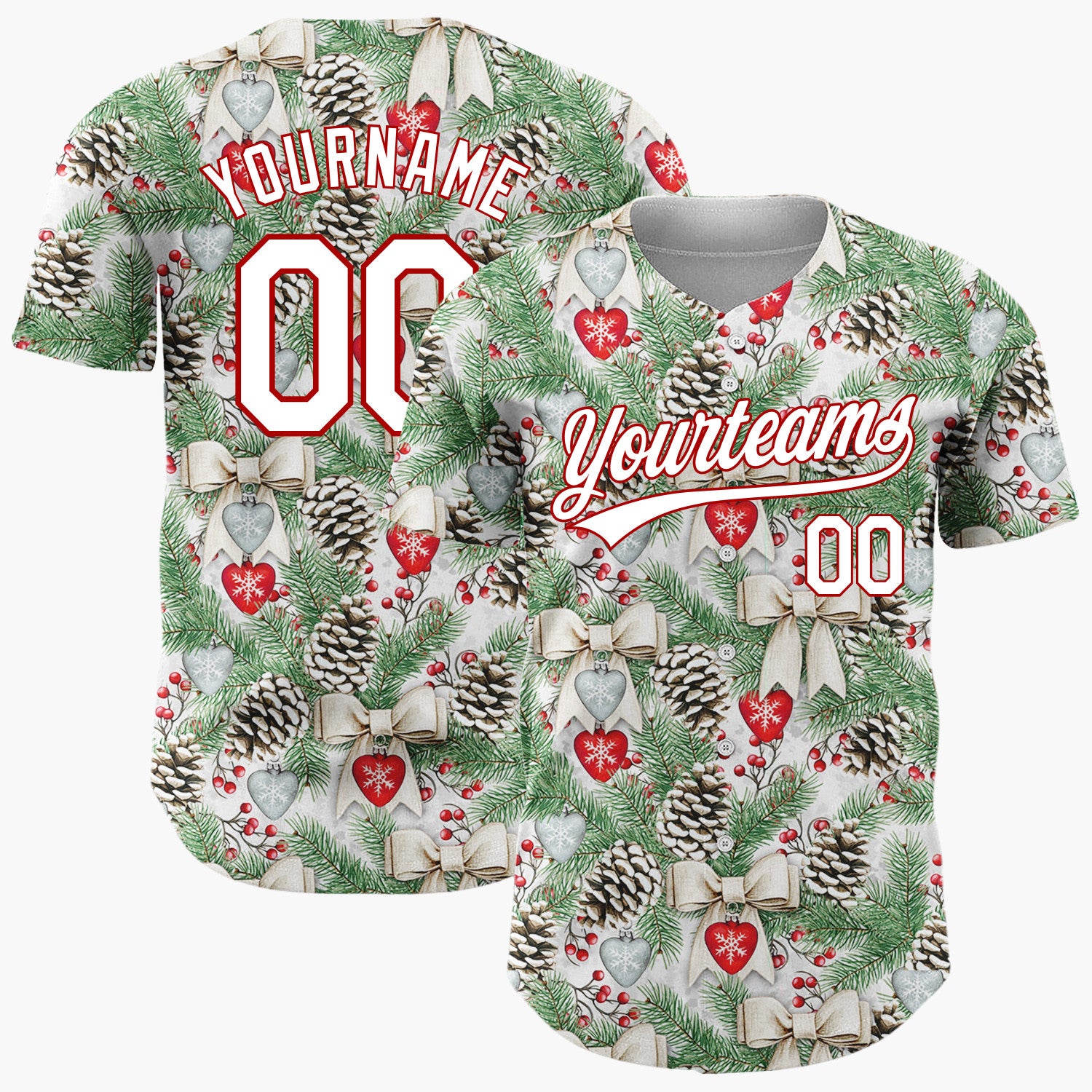 Custom White Pinecones Bows And Hearts Realistic Christmas Baseball Jersey