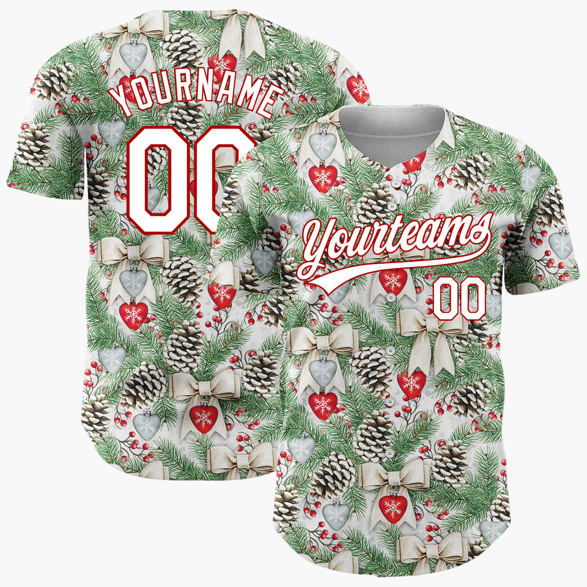 Custom White Pinecones Bows And Hearts Realistic Christmas Baseball Jersey