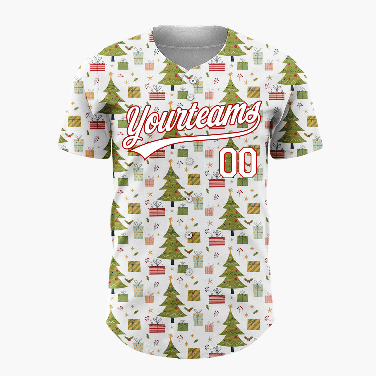Custom White Green Christmas Trees And Gifts Minimalist Holiday Pattern Christmas Baseball Jersey