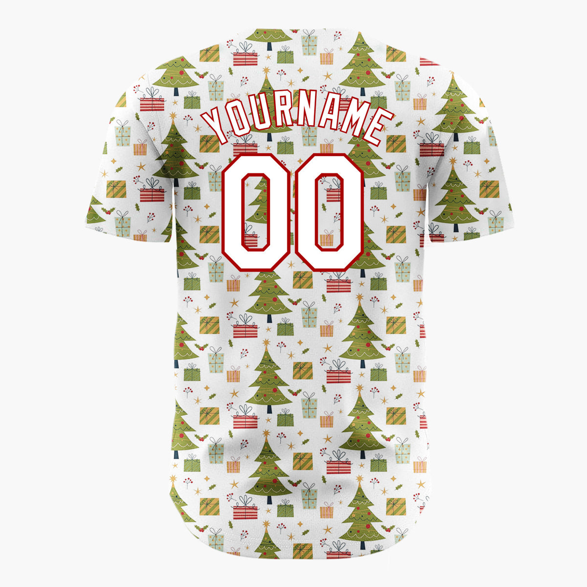 Custom White Green Christmas Trees And Gifts Minimalist Holiday Pattern Christmas Baseball Jersey