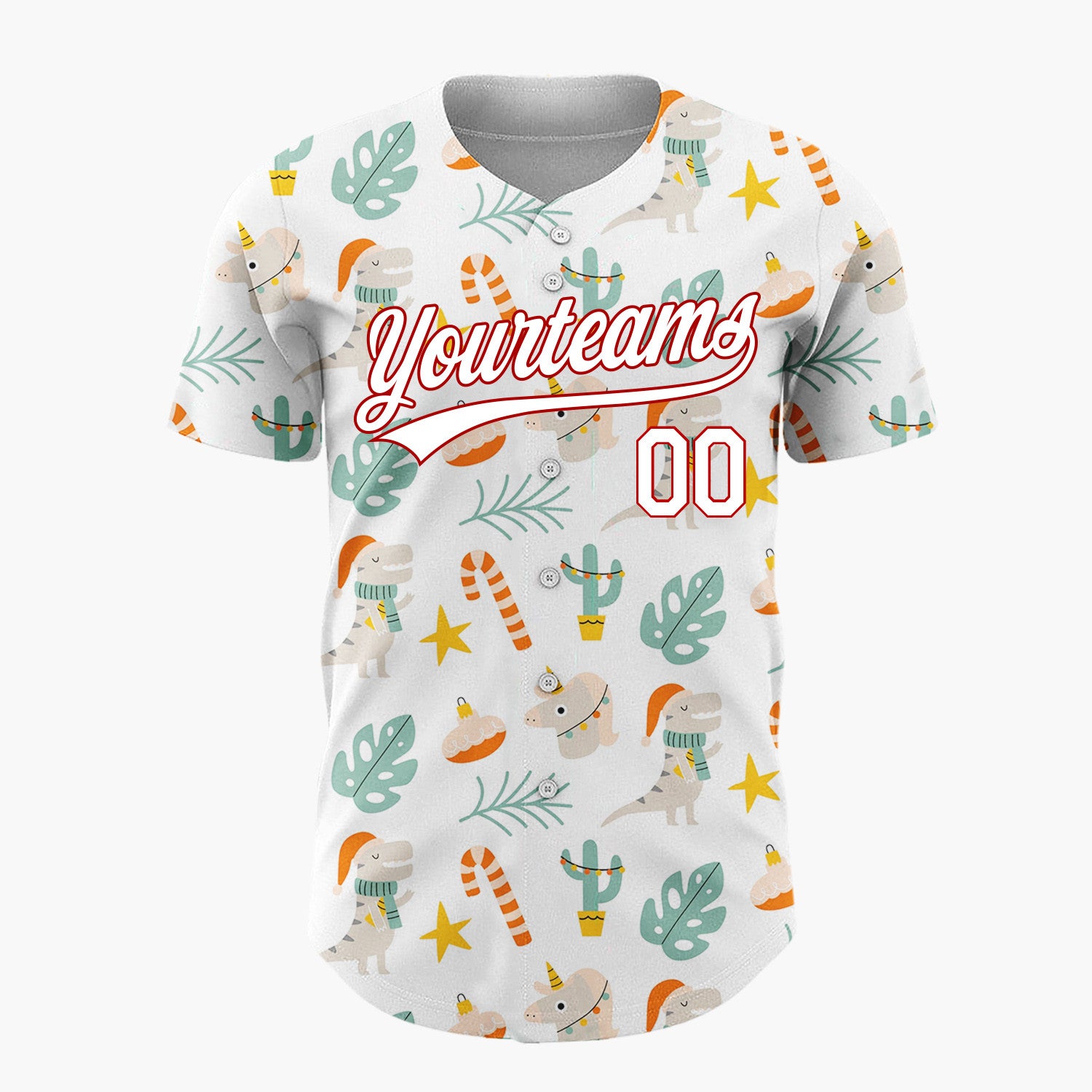 Custom White Orange Dinosaurs Cactus And Candy Canes Cute Xmas Pattern Christmas Baseball Jersey