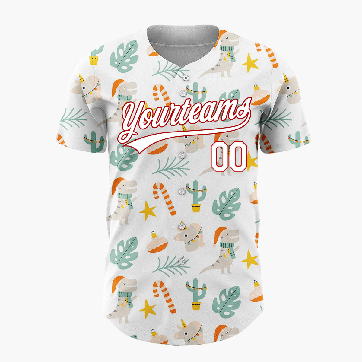 Custom White Orange Dinosaurs Cactus And Candy Canes Cute Xmas Pattern Christmas Baseball Jersey