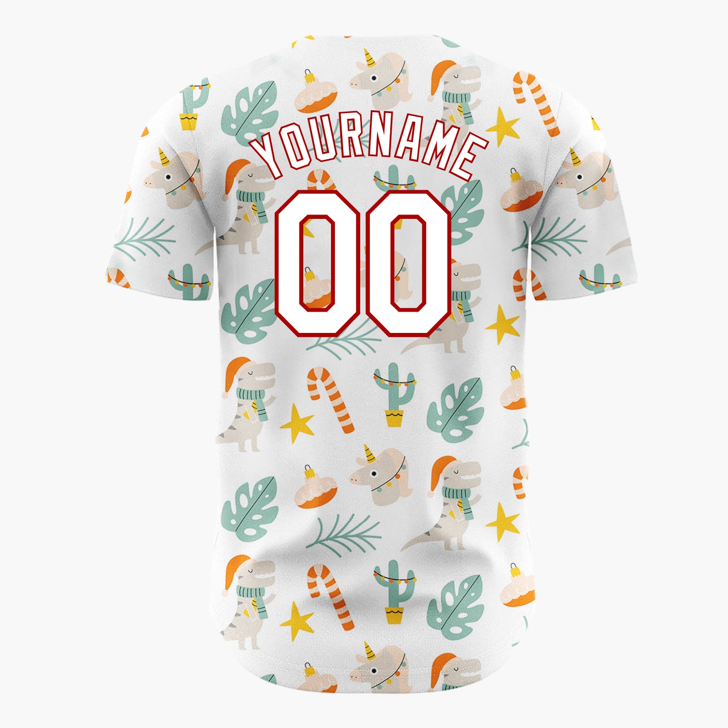 Custom White Orange Dinosaurs Cactus And Candy Canes Cute Xmas Pattern Christmas Baseball Jersey