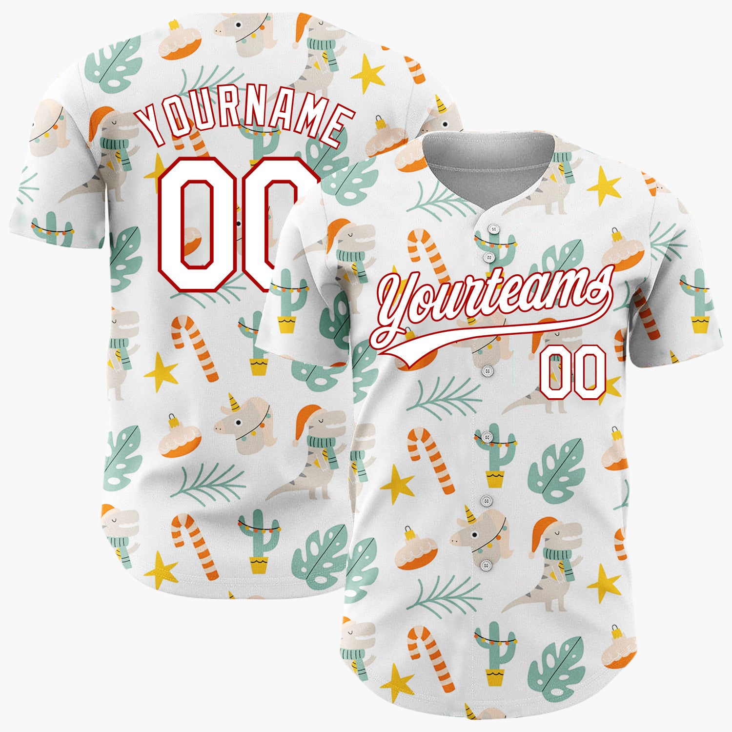 Custom White Orange Dinosaurs Cactus And Candy Canes Cute Xmas Pattern Christmas Baseball Jersey