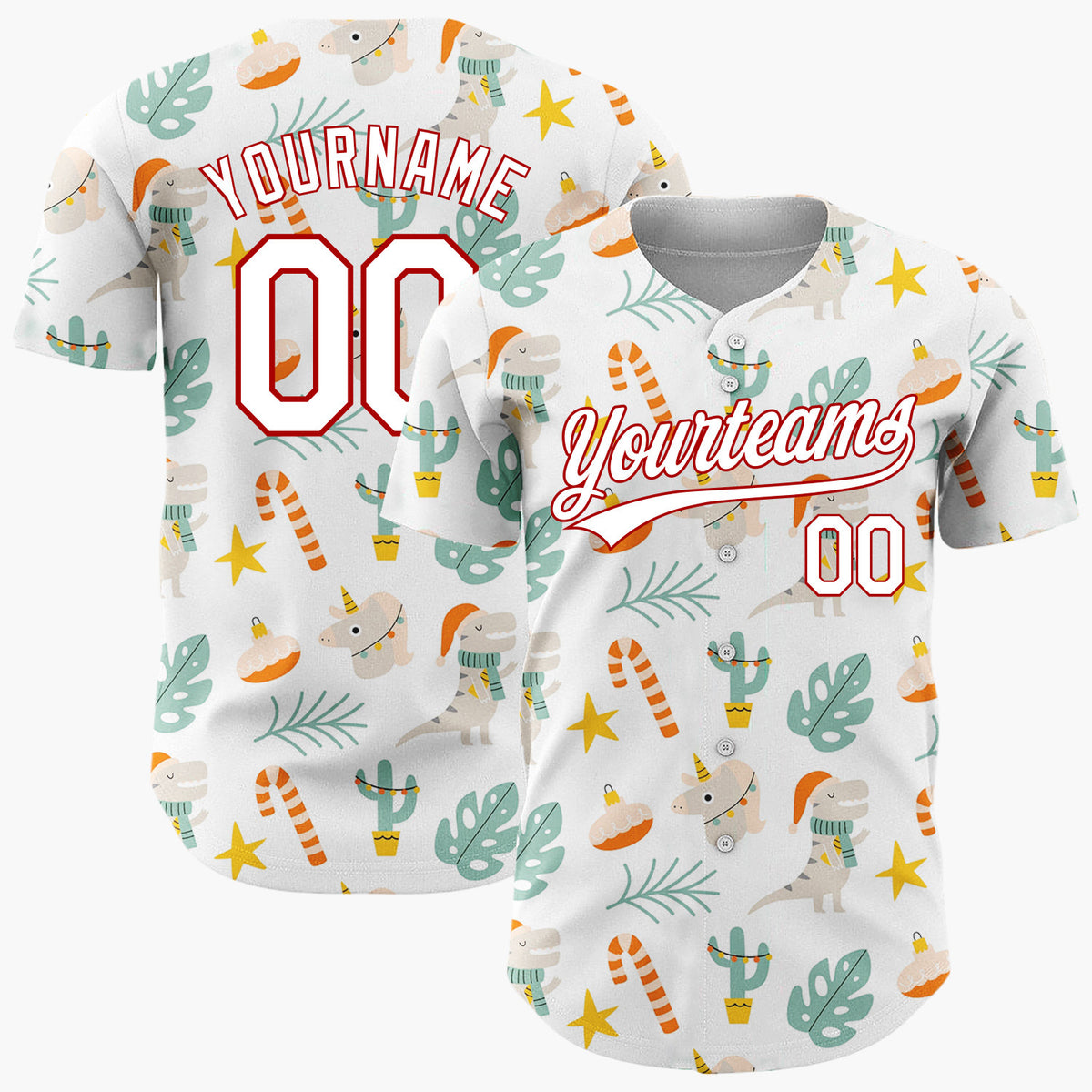 Custom White Orange Dinosaurs Cactus And Candy Canes Cute Xmas Pattern Christmas Baseball Jersey