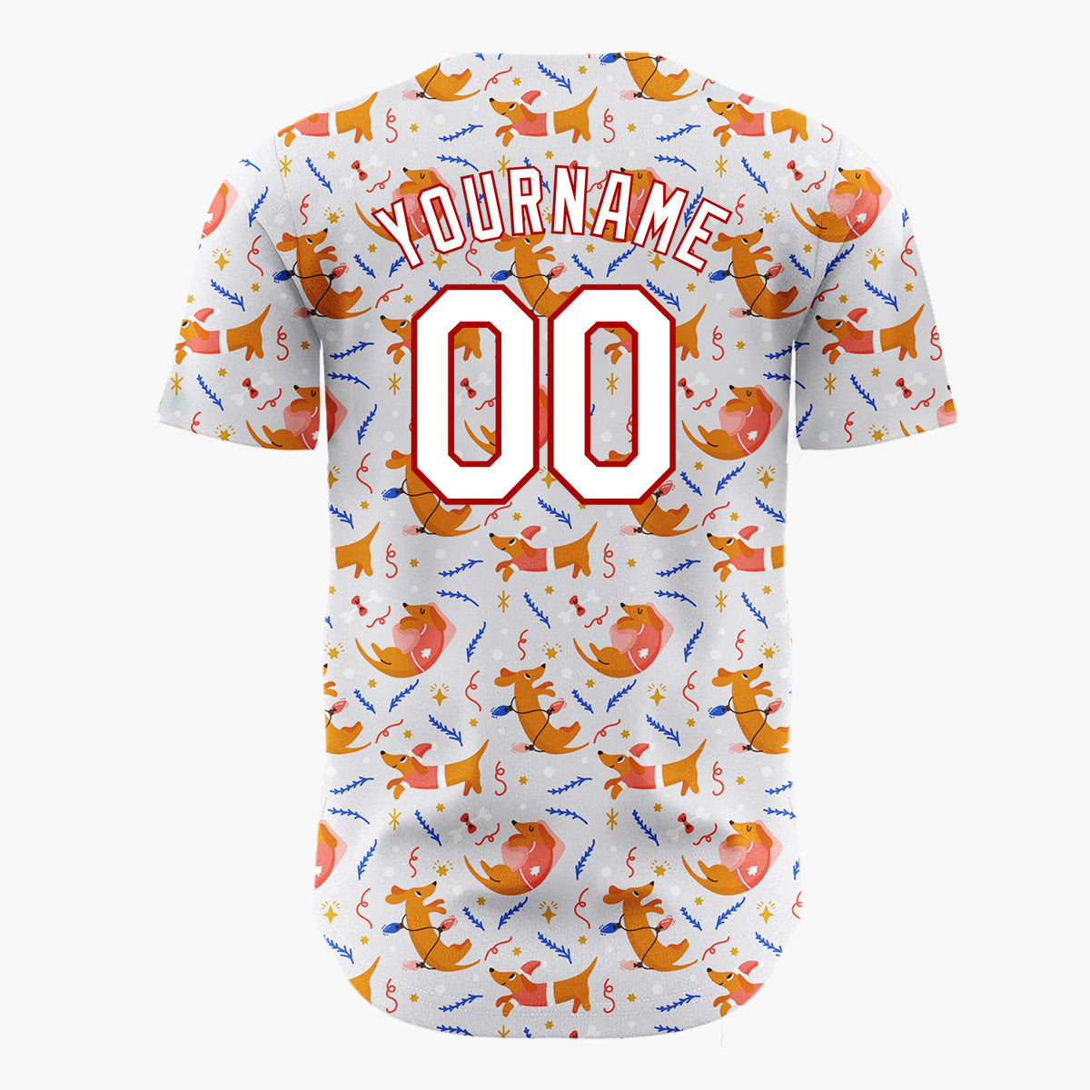 Custom White Red Dachshund Dogs And Toys Playful Christmas Baseball Jersey