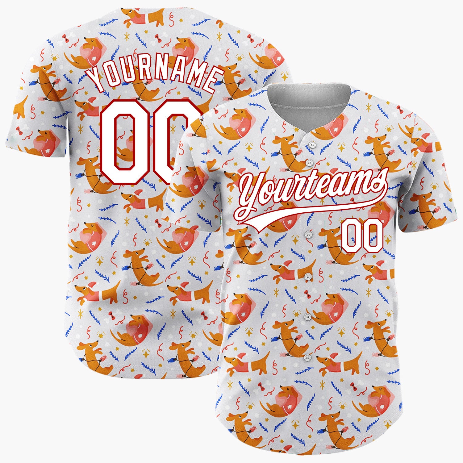 Custom White Red Dachshund Dogs And Toys Playful Christmas Baseball Jersey