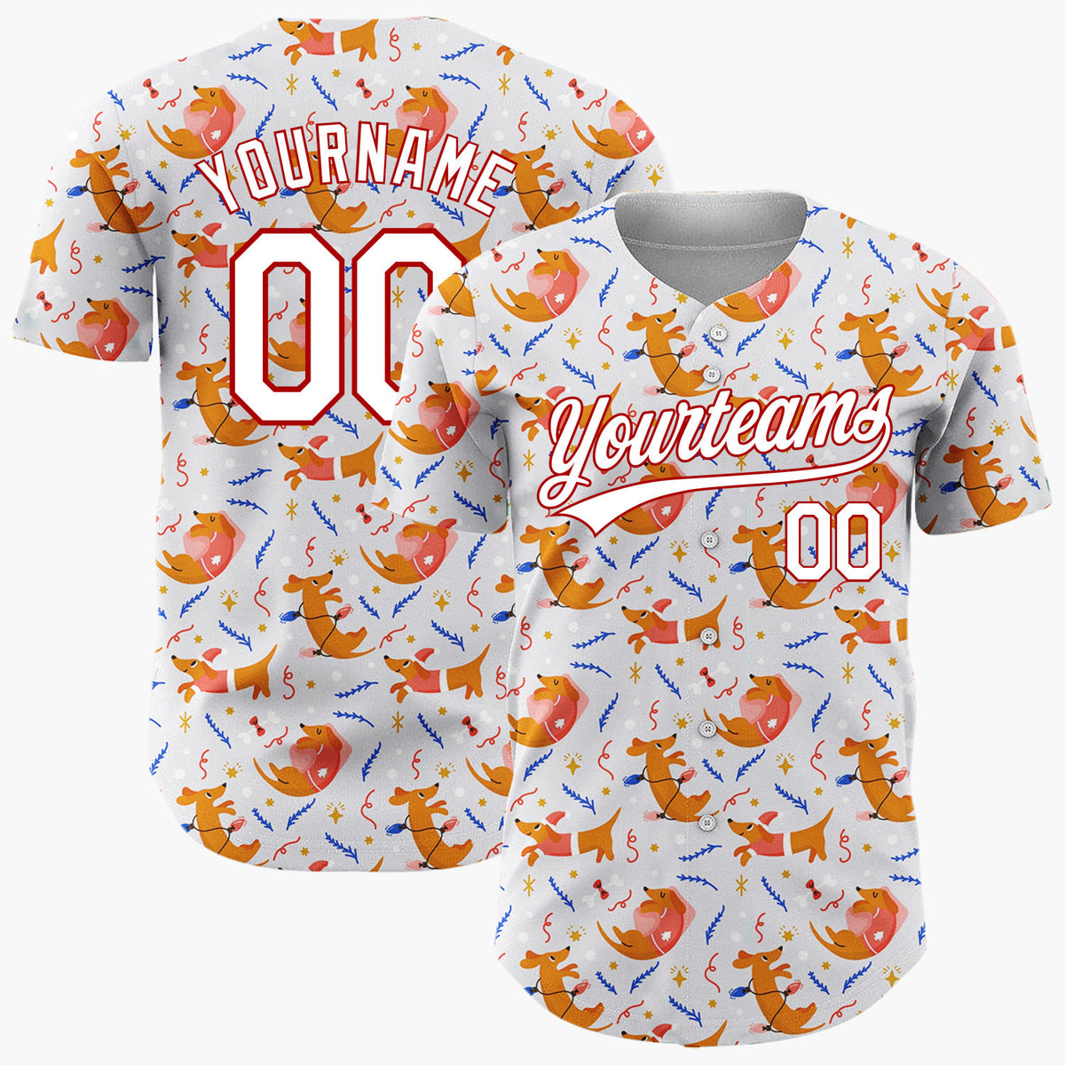 Custom White Red Dachshund Dogs And Toys Playful Christmas Baseball Jersey