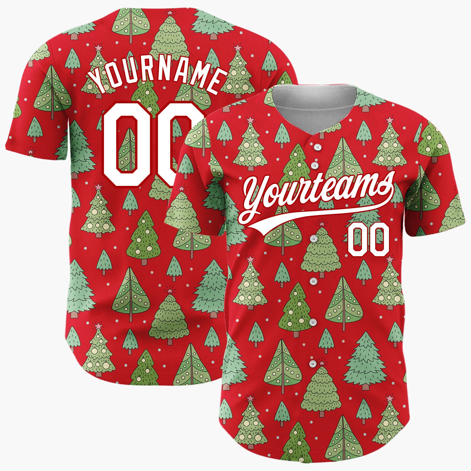 Custom White Green Christmas Trees And Stars Simple Doodle Pattern Christmas Baseball Jersey