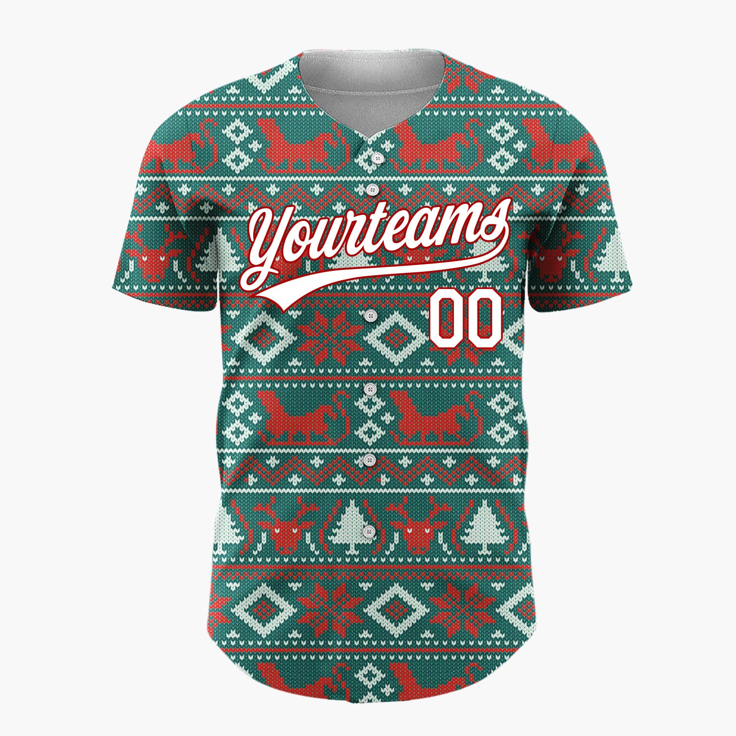 Custom Teal Red Reindeers Cats And Trees Knitted Christmas Baseball Jersey