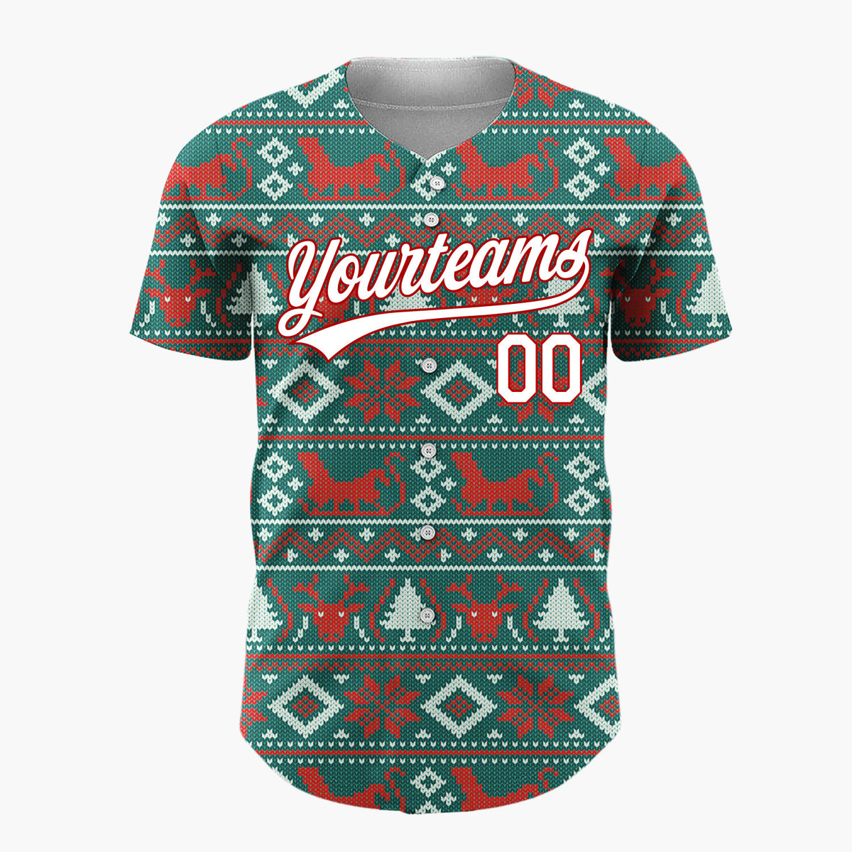 Custom Teal Red Reindeers Cats And Trees Knitted Christmas Baseball Jersey