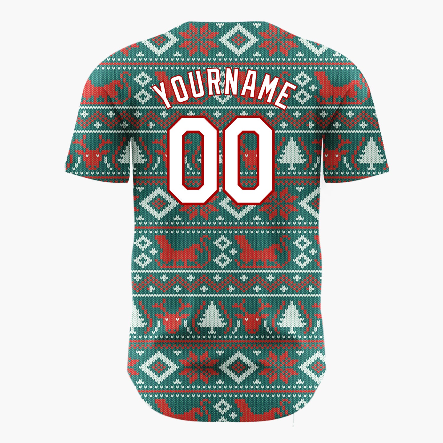 Custom Teal Red Reindeers Cats And Trees Knitted Christmas Baseball Jersey