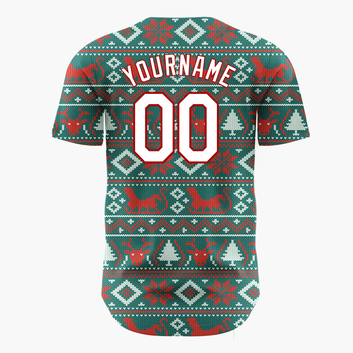 Custom Teal Red Reindeers Cats And Trees Knitted Christmas Baseball Jersey