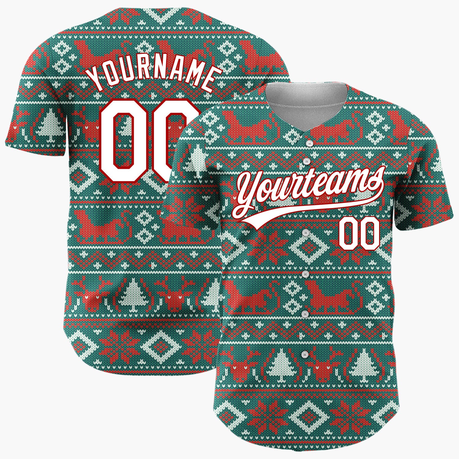 Custom Teal Red Reindeers Cats And Trees Knitted Christmas Baseball Jersey