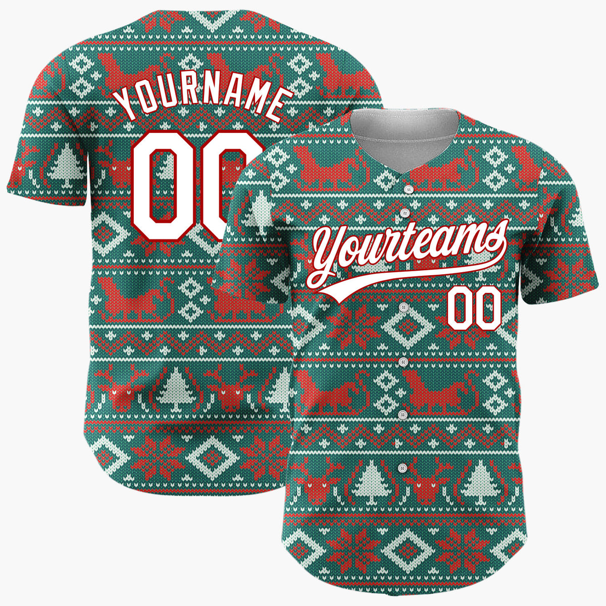 Custom Teal Red Reindeers Cats And Trees Knitted Christmas Baseball Jersey