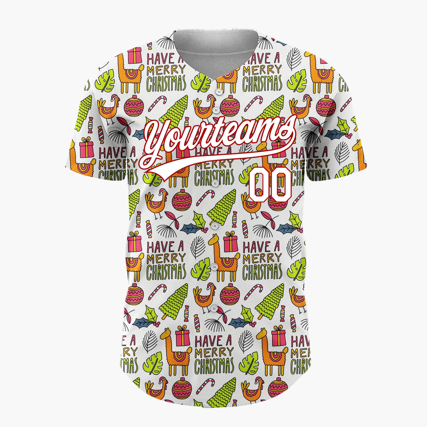 Custom White Green Llamas Trees Merry Christmas Hand Drawn Doodle Pattern Christmas Baseball Jersey