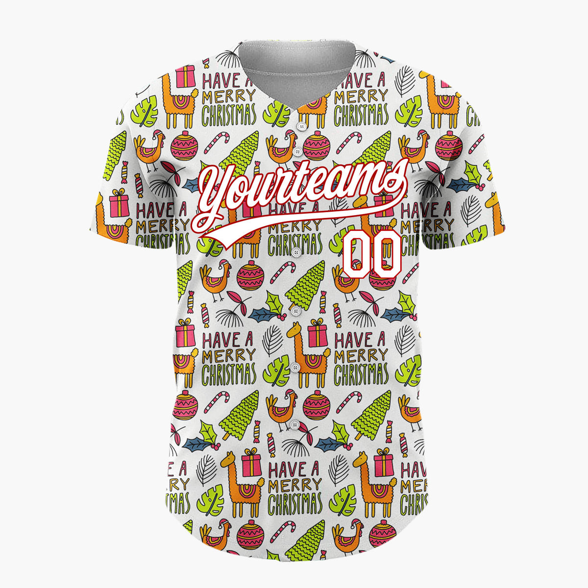 Custom White Green Llamas Trees Merry Christmas Hand Drawn Doodle Pattern Christmas Baseball Jersey