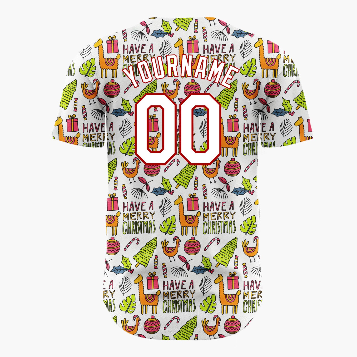 Custom White Green Llamas Trees Merry Christmas Hand Drawn Doodle Pattern Christmas Baseball Jersey