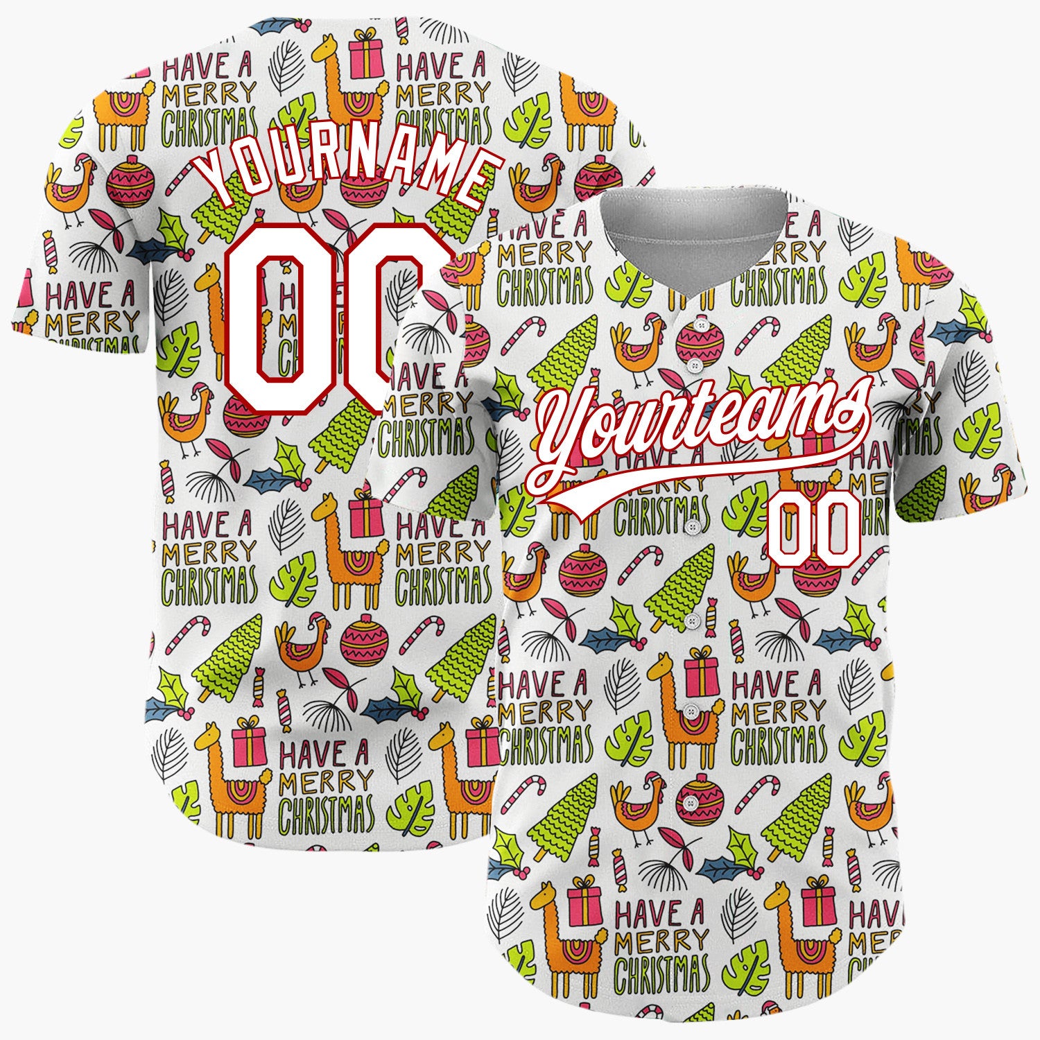 Custom White Green Llamas Trees Merry Christmas Hand Drawn Doodle Pattern Christmas Baseball Jersey