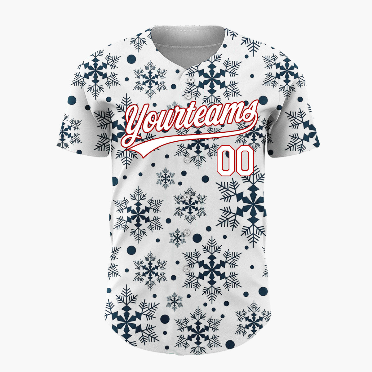 Custom White Dark Blue Intricate Snowflakes Repeat Pattern Christmas Baseball Jersey