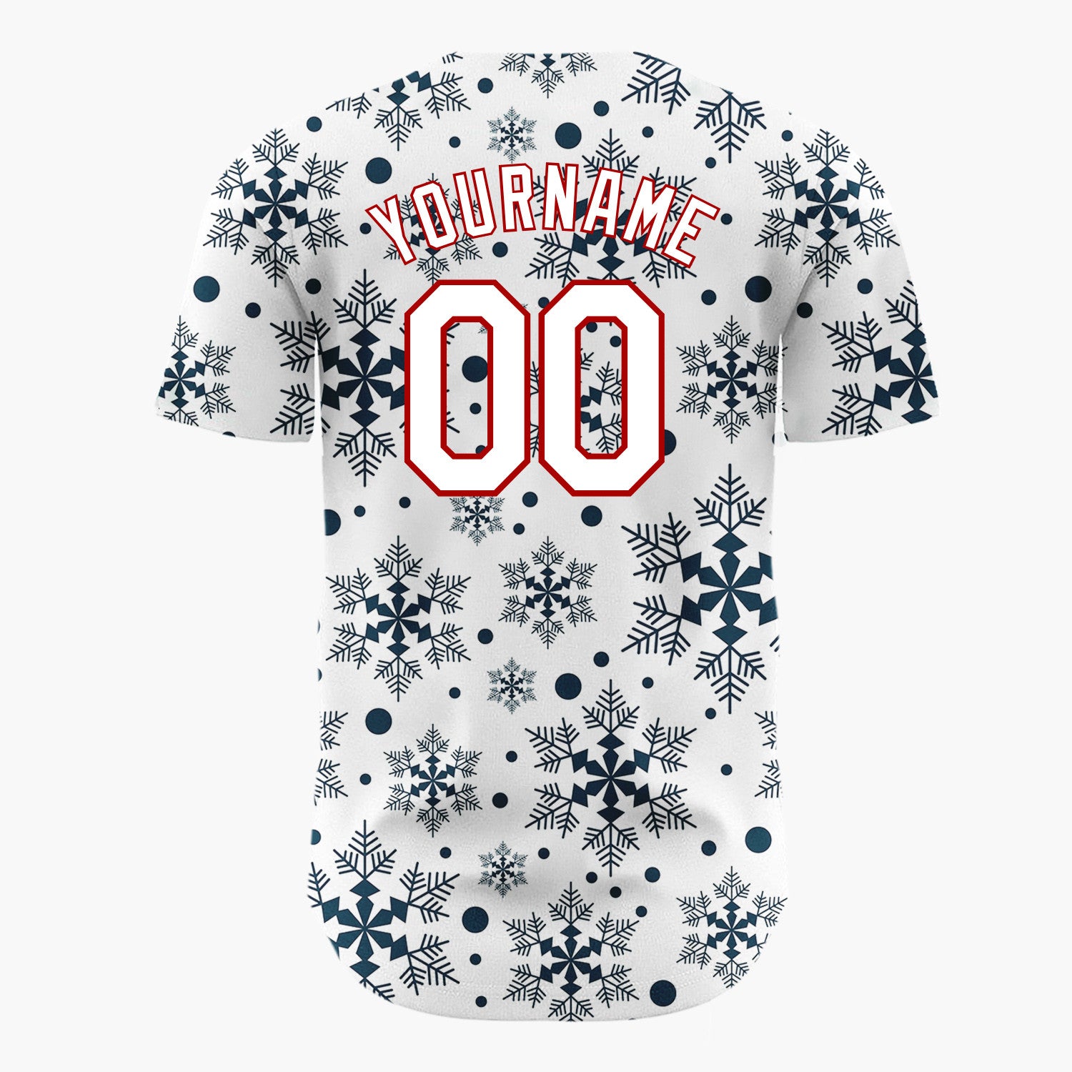 Custom White Dark Blue Intricate Snowflakes Repeat Pattern Christmas Baseball Jersey