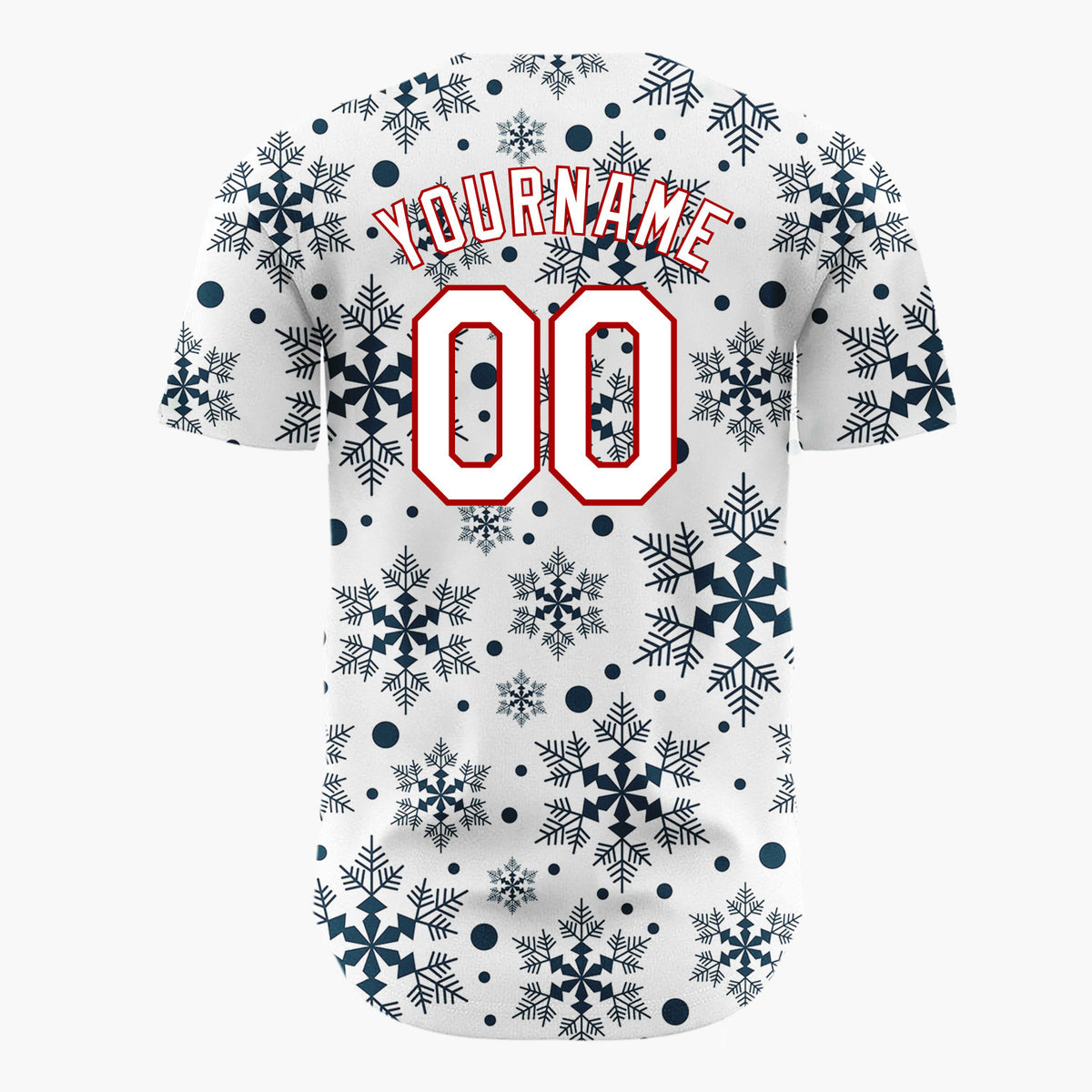 Custom White Dark Blue Intricate Snowflakes Repeat Pattern Christmas Baseball Jersey