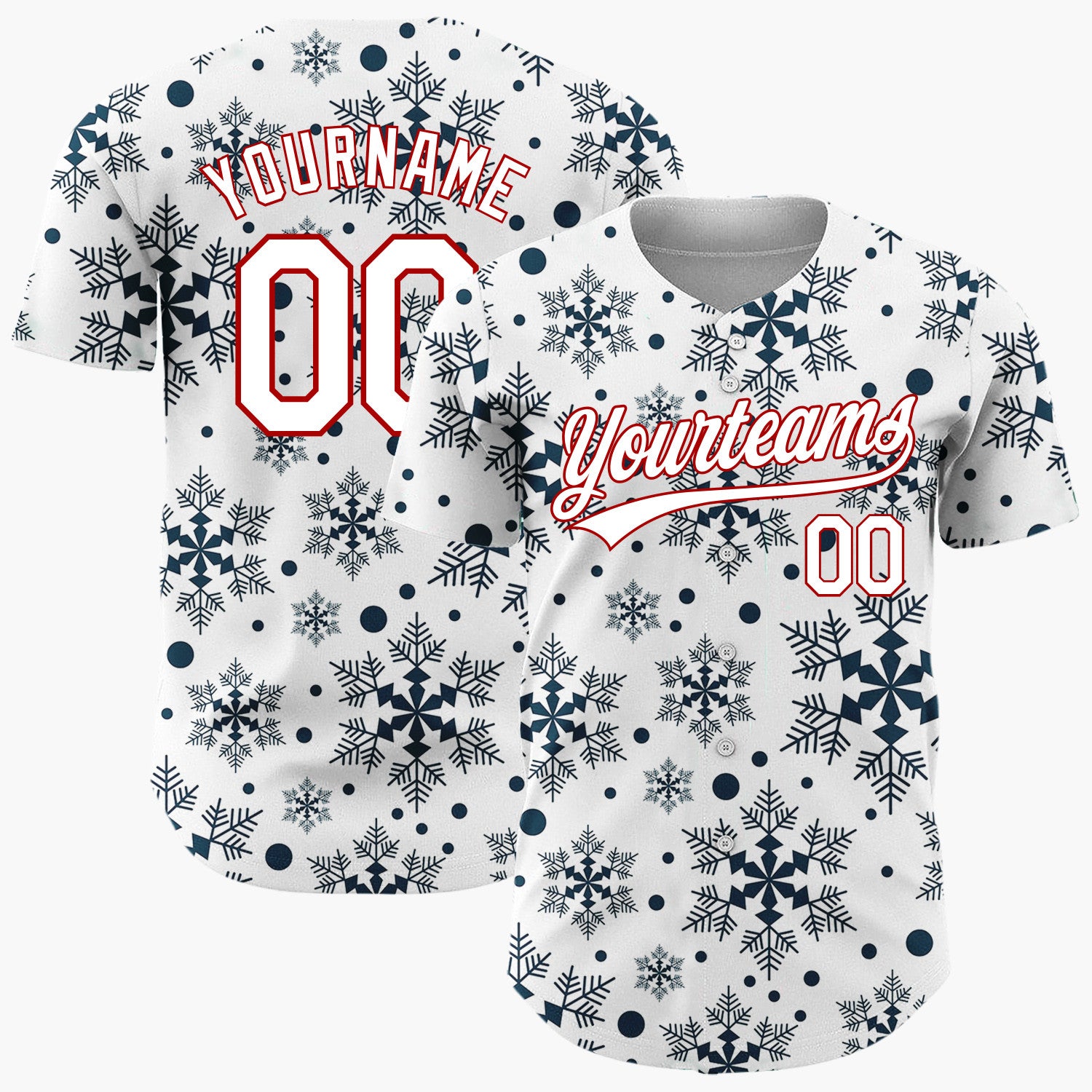 Custom White Dark Blue Intricate Snowflakes Repeat Pattern Christmas Baseball Jersey